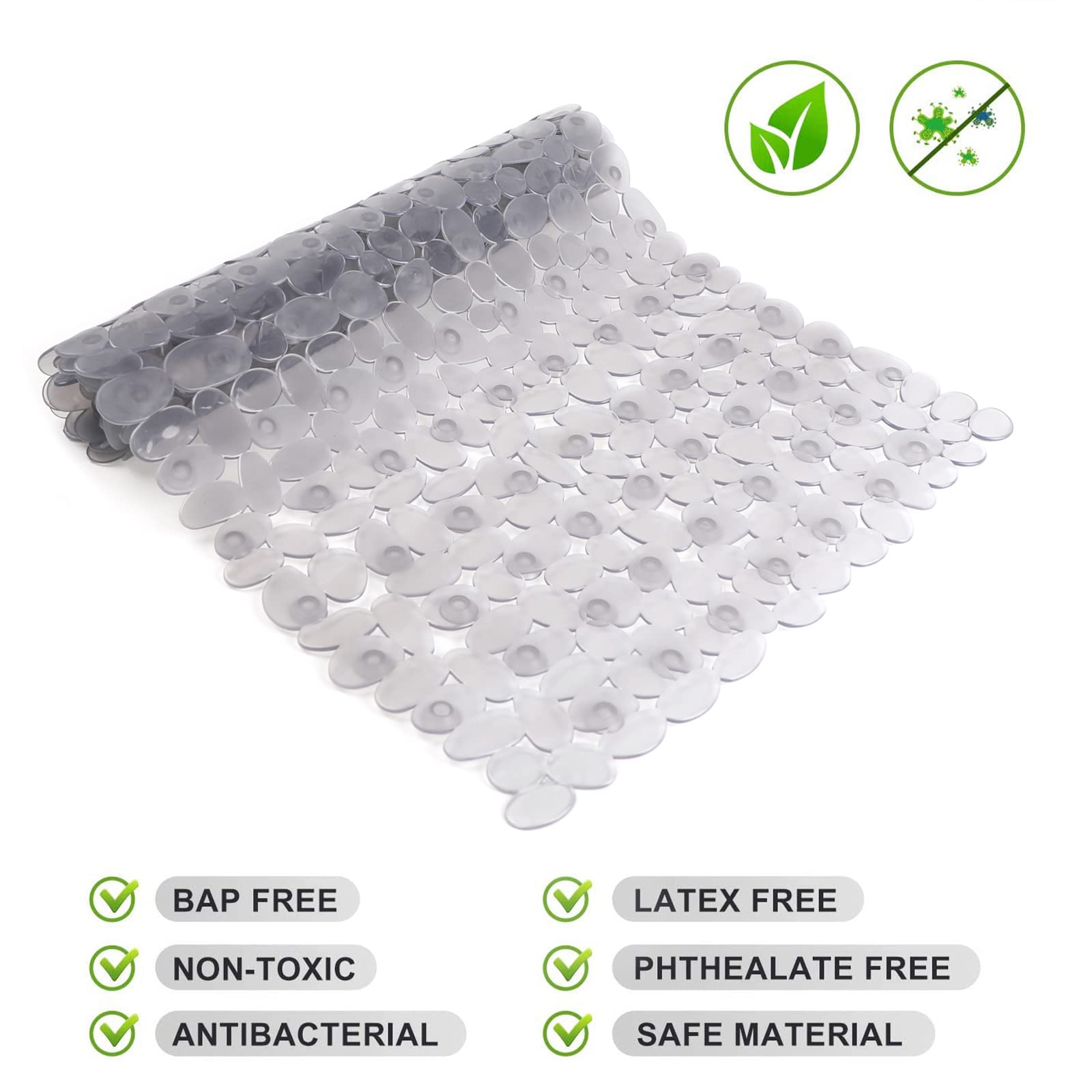 WELTRXE Non Slip Bathtub Mat 35 x 16 Inches Pebbles Shower Mats with Suction Cups  Drain Holes for Bathroom Showers  Tub  Machine Washable Bathroom Mats BPA  Latex Free Safe Tub Mats - Clear Gray