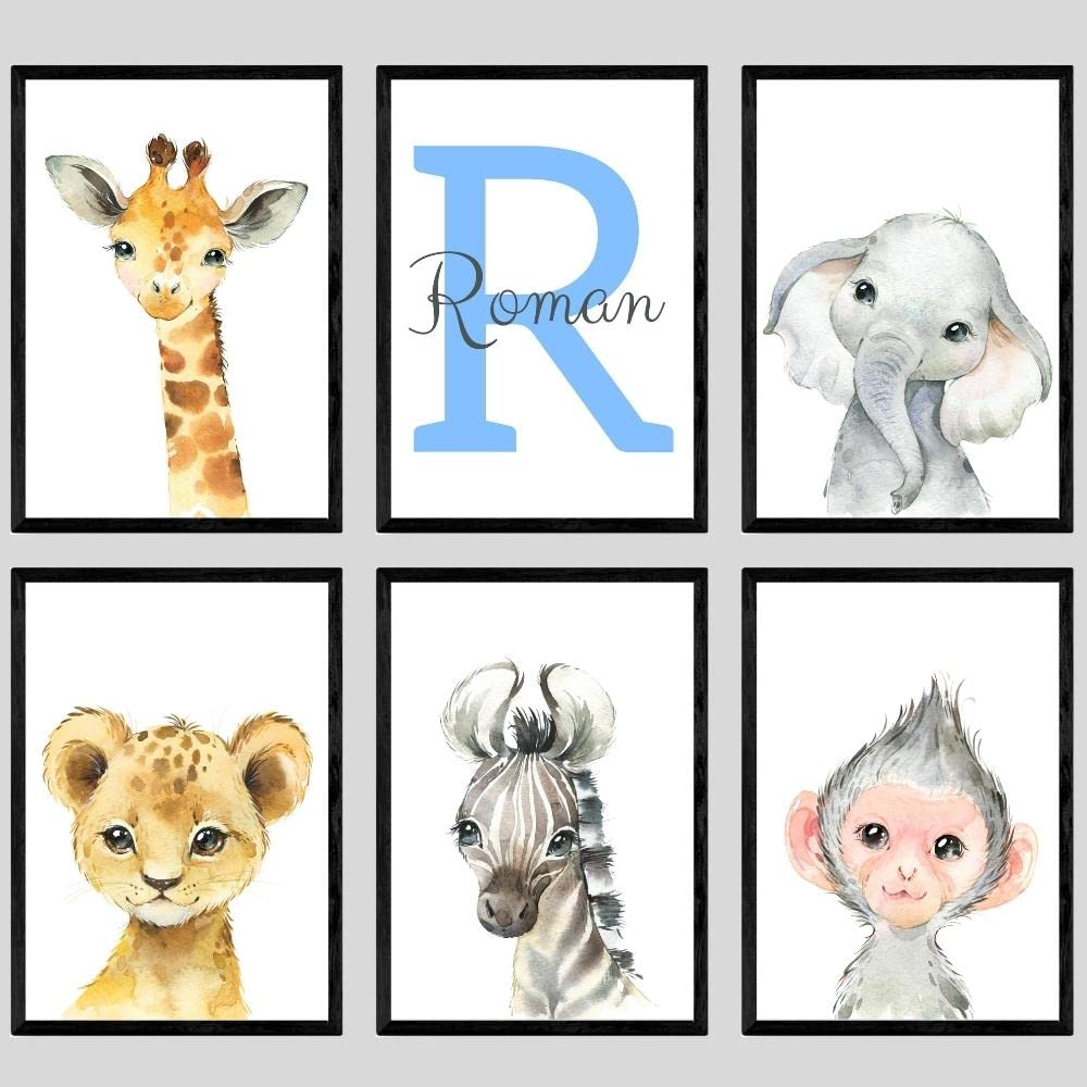 Personalized Safari Animals For Boy Girl Nursery, Set Of 6 Unframed Bedroom Poster Prints, Personalized Name Blue Green Yellow,