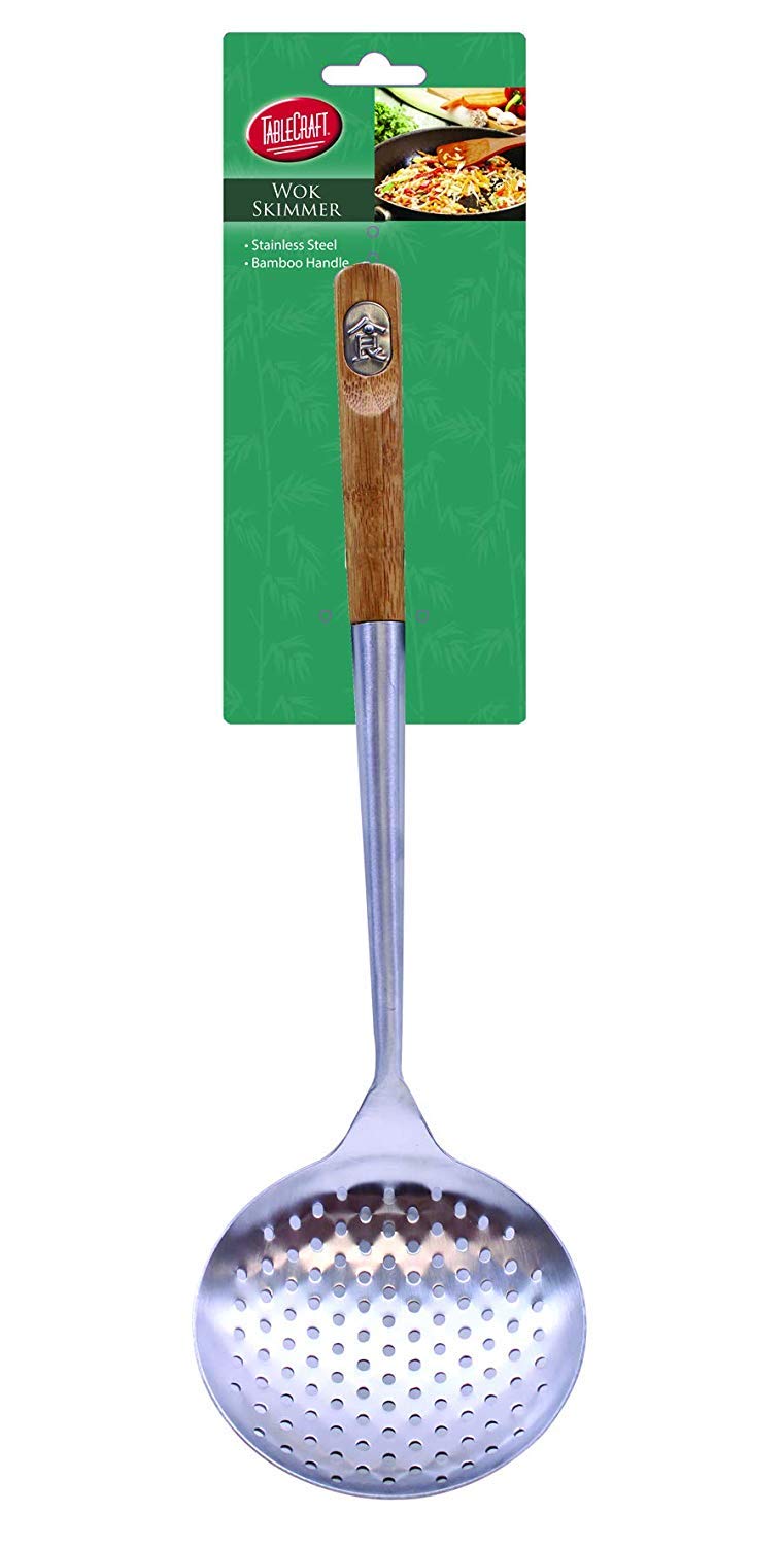 Tablecraft 32410 Wok Spoon With Bamboo Handle, 16'', Brown And Tablecraft 32409 Wok Skimmer With Bamboo Handle, 15'', Brown - Wo