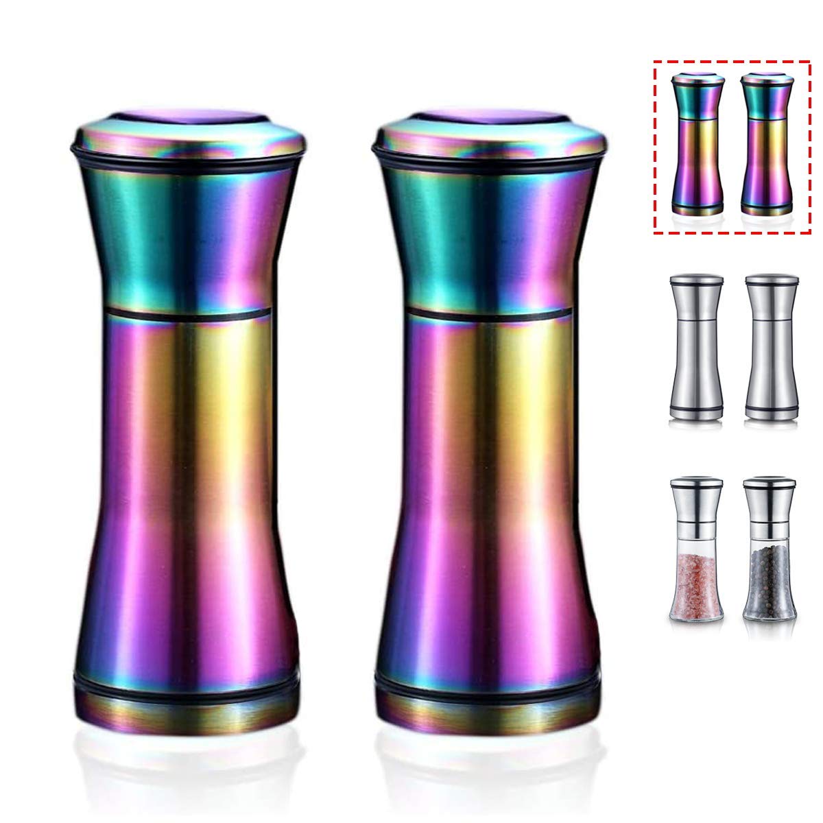 Rainbow Salt And Pepper Shakers, Kyraton Titanium Plating Stainless Steel Salt And Pepper Grinders Refillable Pepper Grinder, Pe