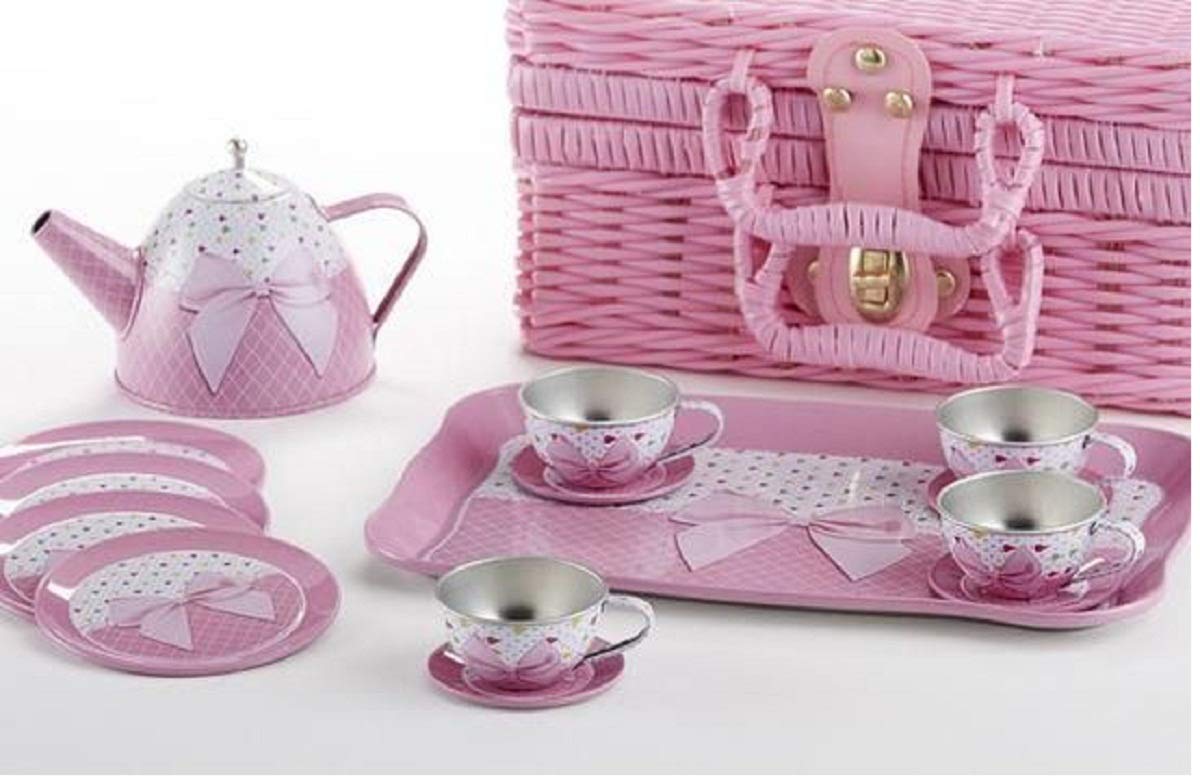 Tin 15 Pc Set In Basket, Pink Bow