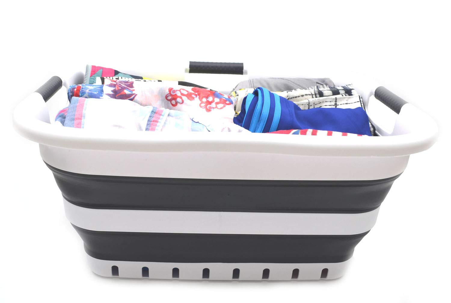 SAMMART 41L (10.8 gallon) Set of 2 Collapsible 3 Handled Plastic Laundry Basket-Foldable Pop Up Storage Container/Organizer-Space Saving Hamper/Basket (2  White/Black)