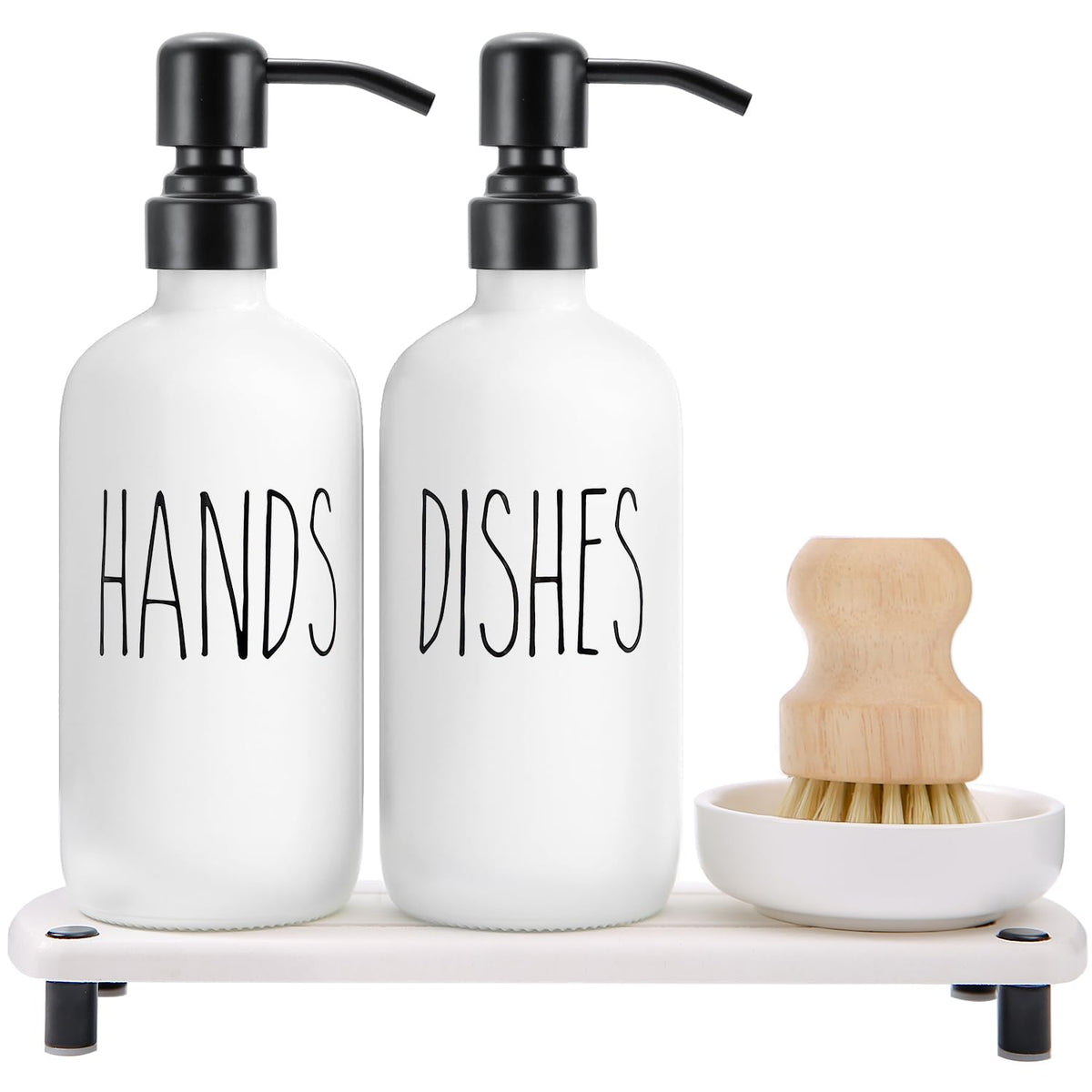 Momeemo White Soap Dispenser Set Comes With Stainless Steel Pumps, Instant Dry Tray, And Dish Scrub Brush, Suitable For Kitchen