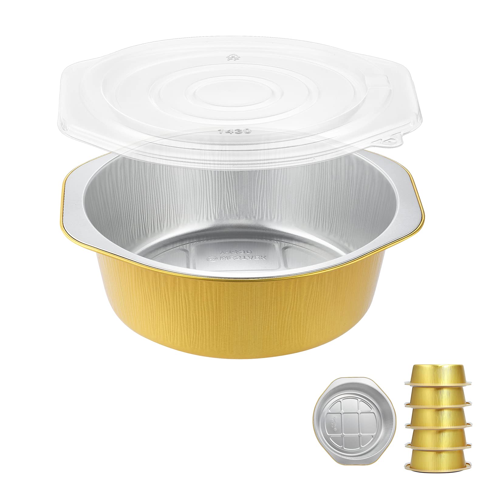MESTAEK 48oz Round Aluminum Foil Containers with Lids, 5 Pack
