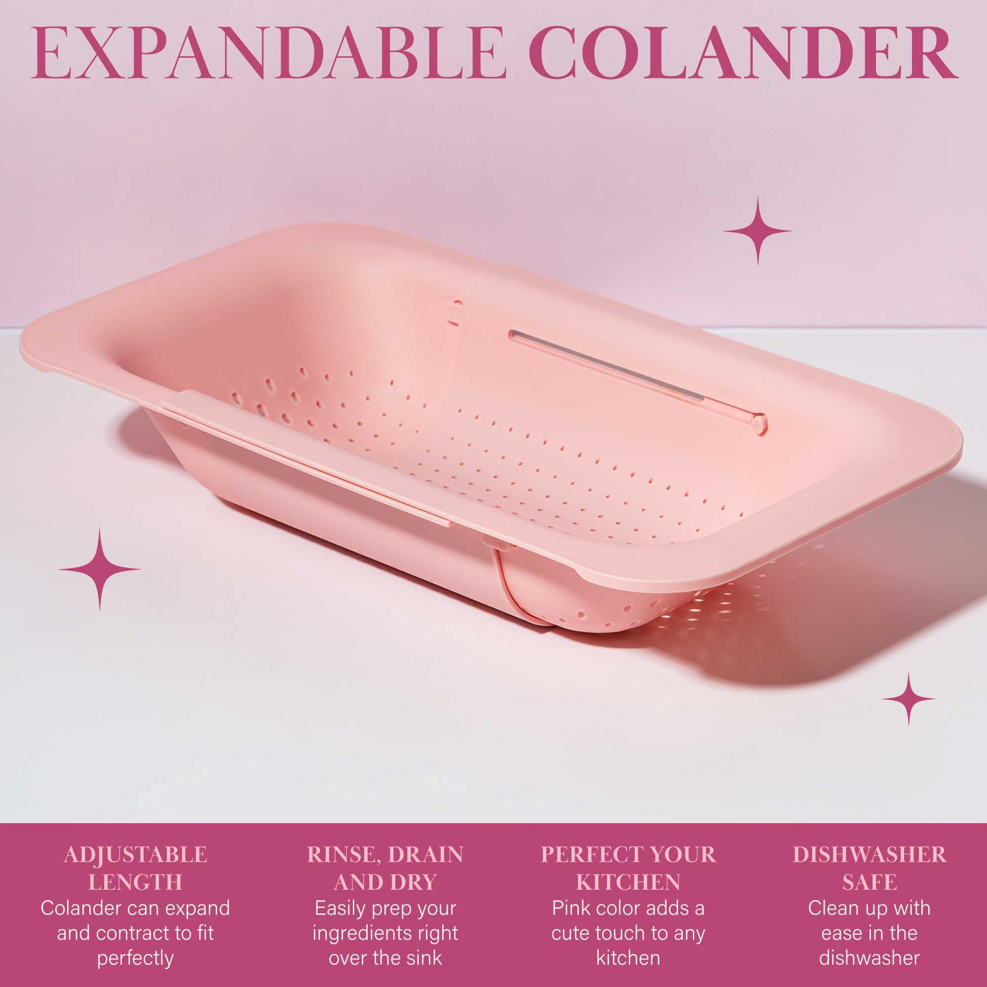 Paris Hilton Over The Sink Expandable Colander, Extendable Strainer, Adjustable From 14.5 Inches To 19.5 Inches, Fits Most Kitch