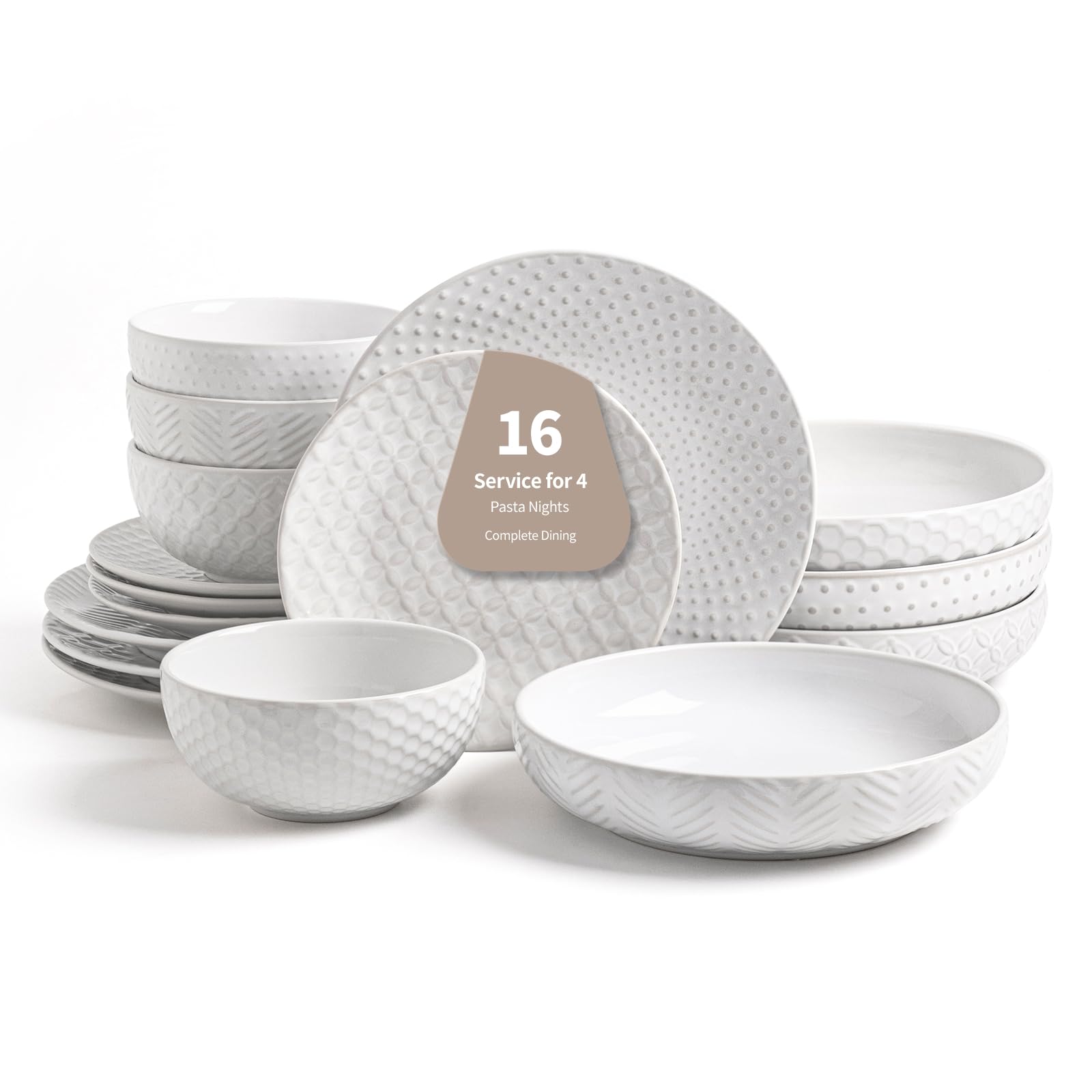 FOBENTA 16-Piece Ceramic Plates and Bowls Set,Dual Bowl Dish Set with Dinner & Pasta Bowls,Elegant Embossed Dinnerware for Moder