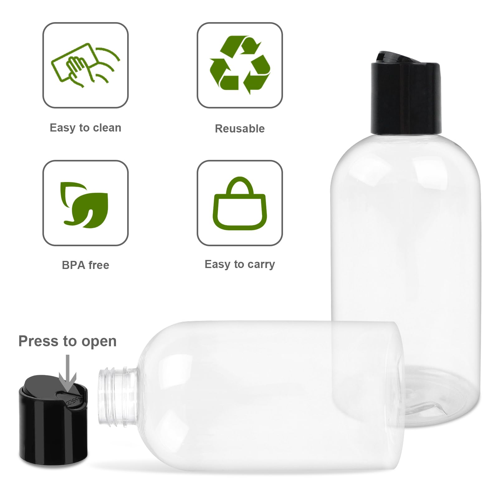 2 Pack 8 Oz Empty Plastic Bottles With Black Disc Caps Reusable Clear Leak-Proof Travel Squeeze Containers For Shampoo Condition