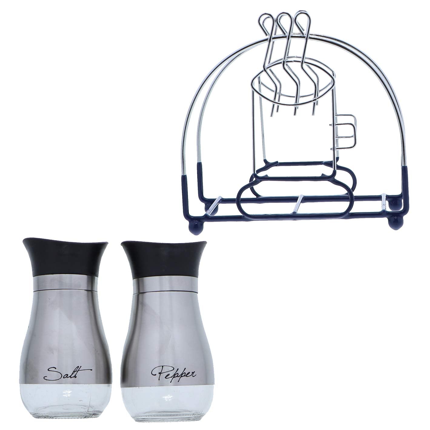 Wire Napkin Holder With Coffee Cup And Stainless Steel Salt And Pepper Shaker - Blue