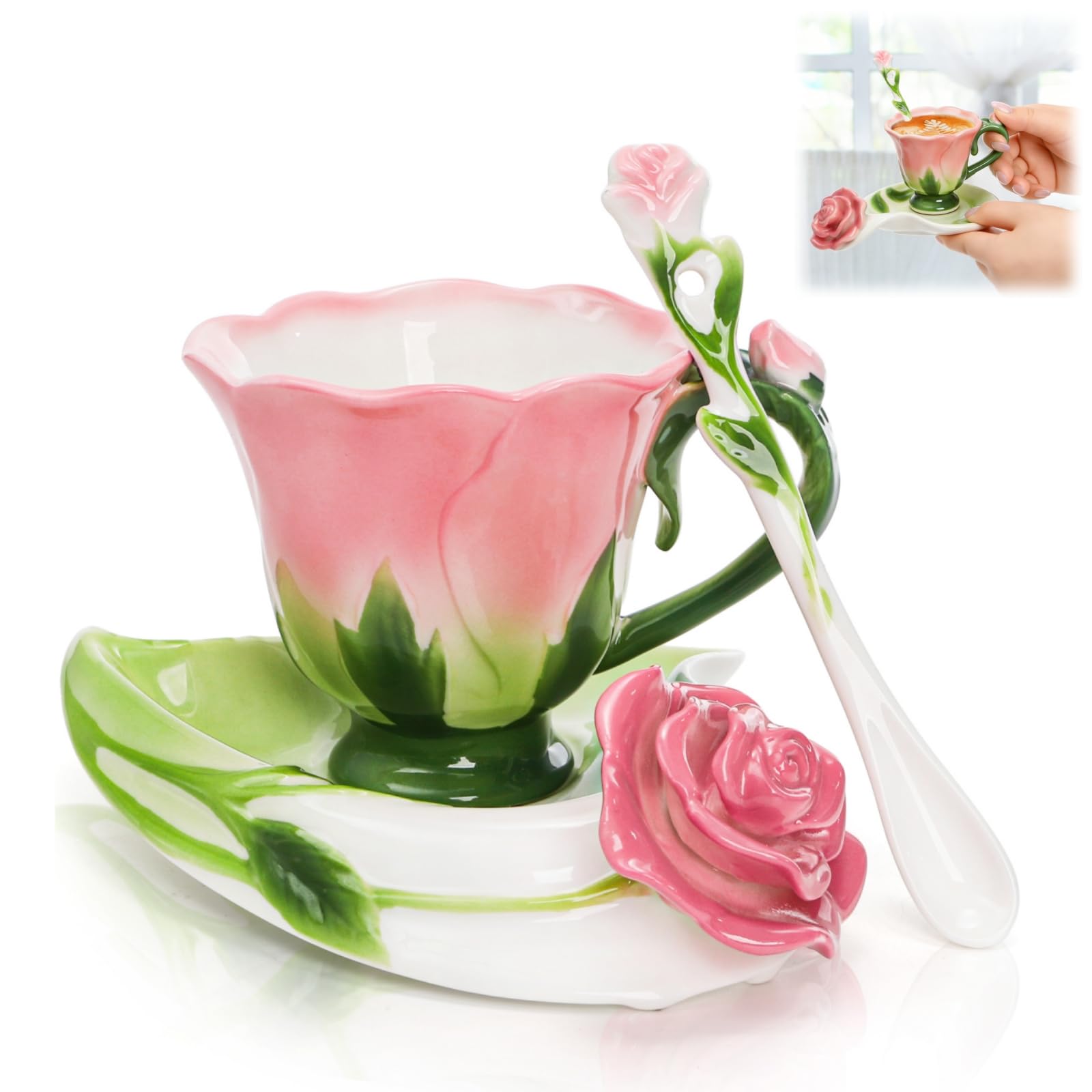 Cididu Pink Tea Cups with Saucer and Spoon, 4.5 Oz Small Ceramic Rose Flower Tea Cup Set for Women Girls, Hand Crafted Vintage C