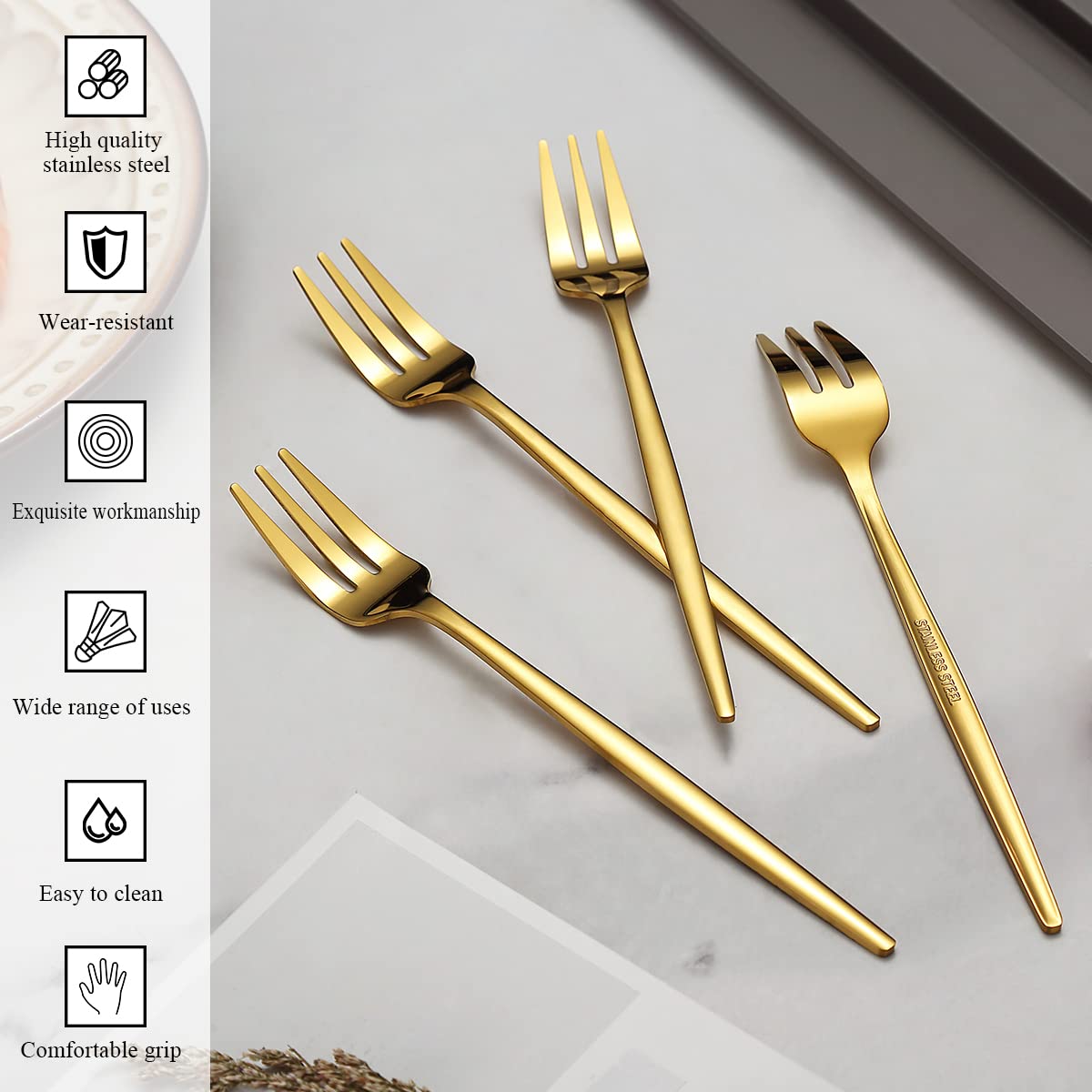 Evanda Gold Dessert Forks Set Of 6 Pack 6.3''/16.5Cm, Golden Titanium Plating Pastry Fork, Family Appetizer Fork For Fruit, Cake