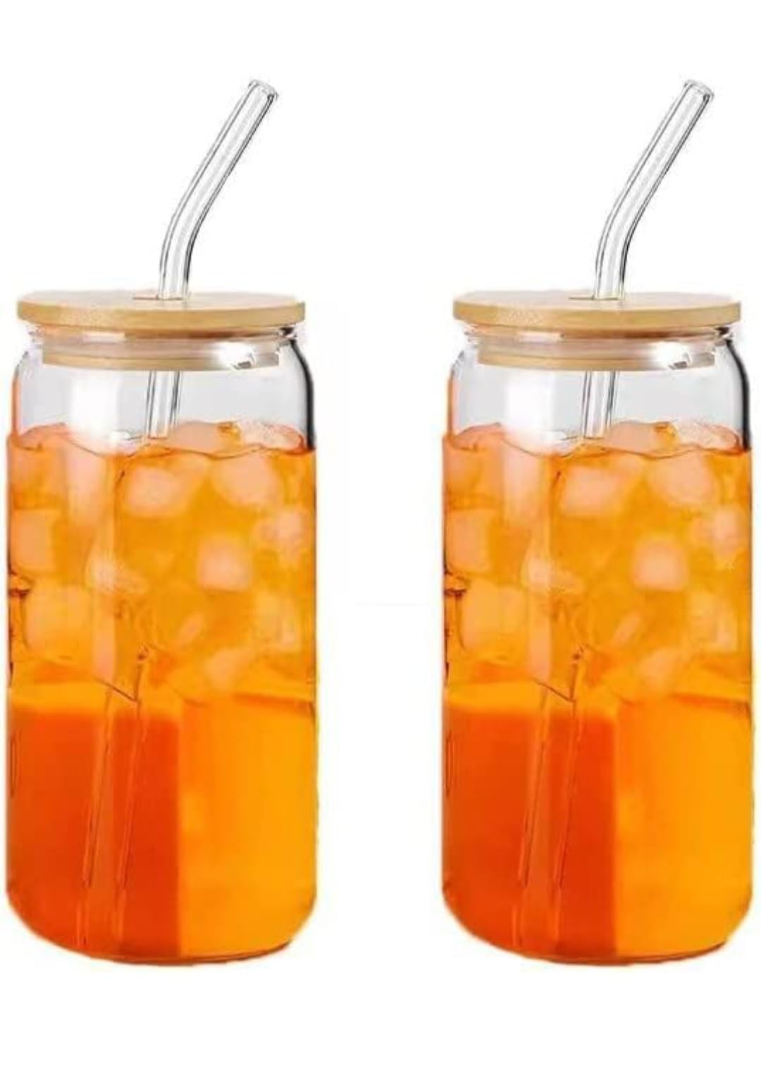 KiKiluxxa Round Glass Tumbler Can with Straw and Lid - 540ml - Pack of 4 - Glass Sipper with Straw for Fruit Juice Milk Mug
