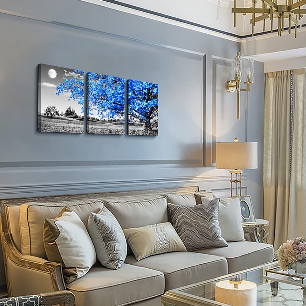 Wall Art For Living Room Black And White Blue Tree Moon Canvas Wall Decor For Home Artwork Painting 12'' X 16'' 3 Pieces Canvas