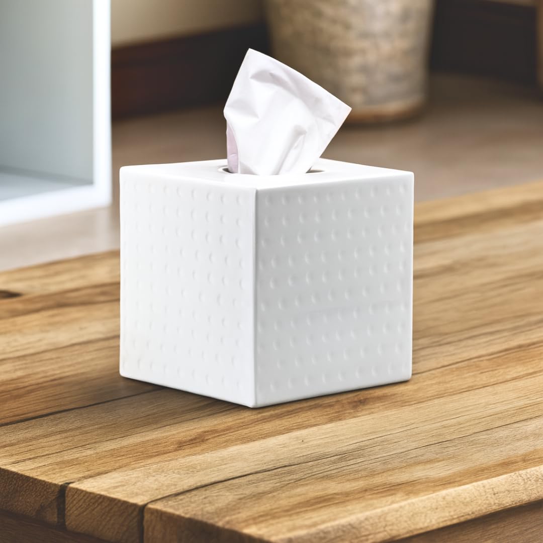 Monarch Abode 19027 Hand Hammered Tissue Box Square Cover Holder and Dispenser  Metal Dresser Accessories for Home and Office Bathroom Decor Vanity  Decorative Tissue Box Holder  White