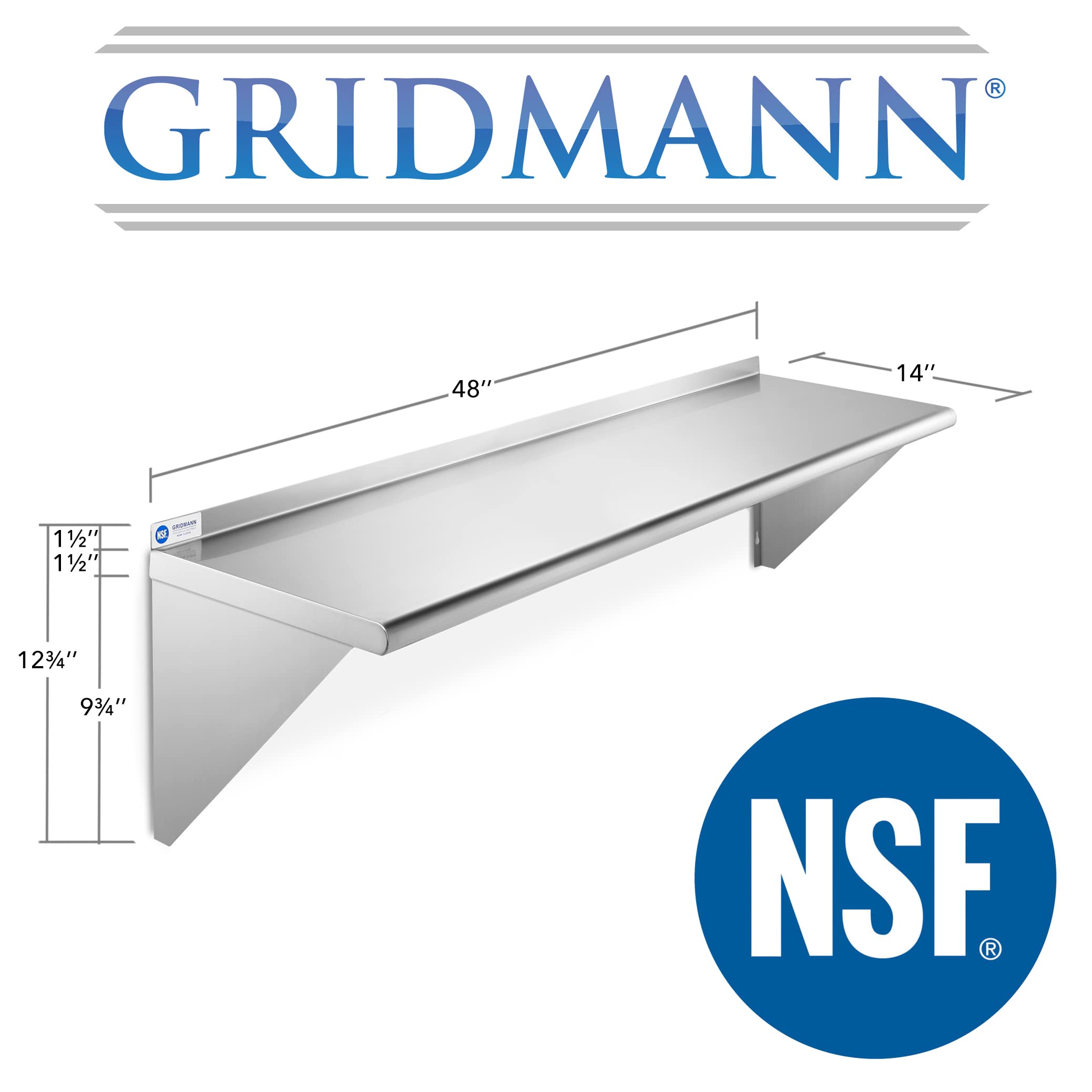 GRIDMANN 14'' x 48'' Stainless Steel Wall Mount Shelf with Backsplash  Commercial Grade - NSF Certified 18 Gauge Shelving for Restaurant  Kitchen  Utility Room  Garage