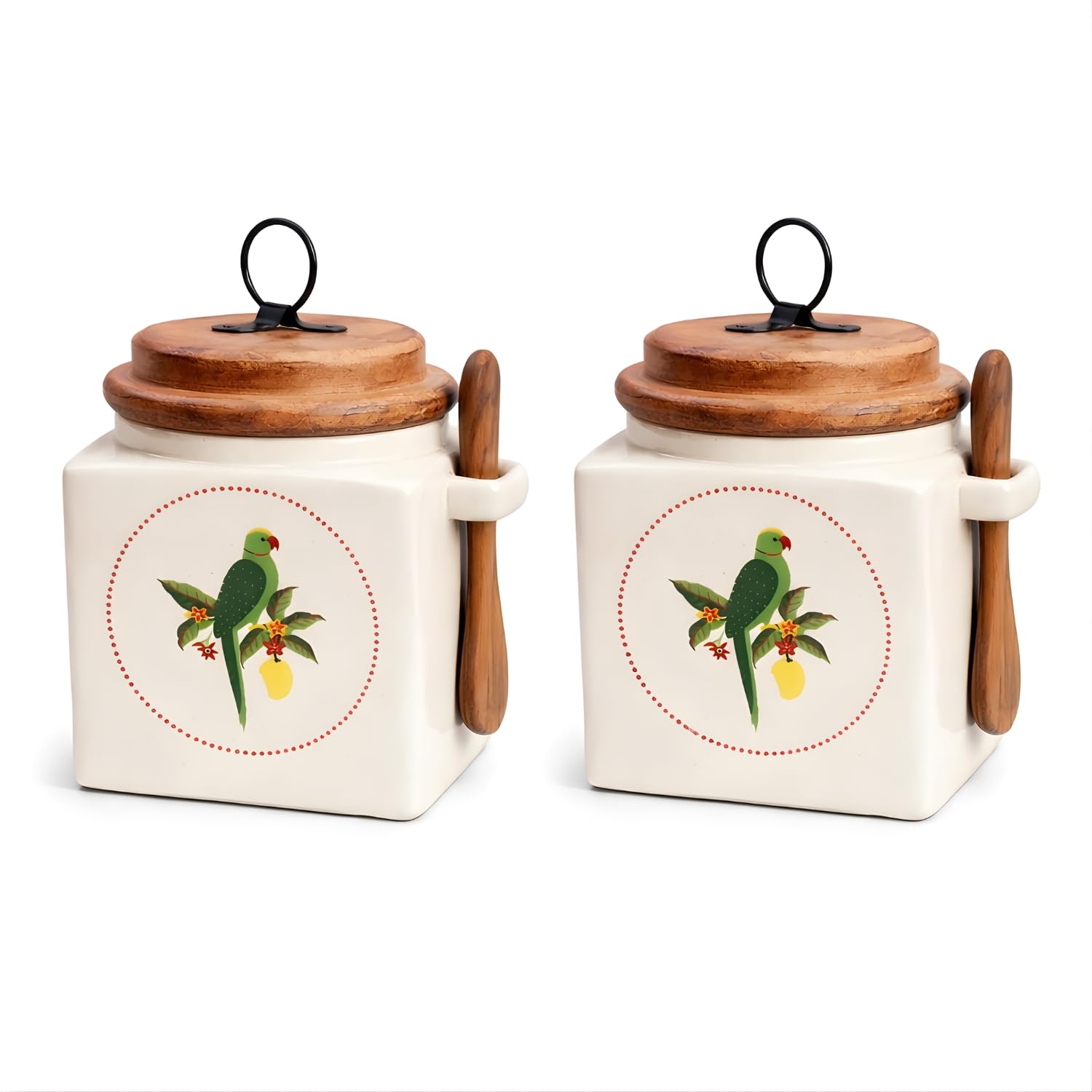 Ocean Store Airtight Ceramic Jar With Wooden Lid And Wooden Spoon, 900Ml Pack Of 2, Kitchen Container For Sugar, Tea, Salt, Pick