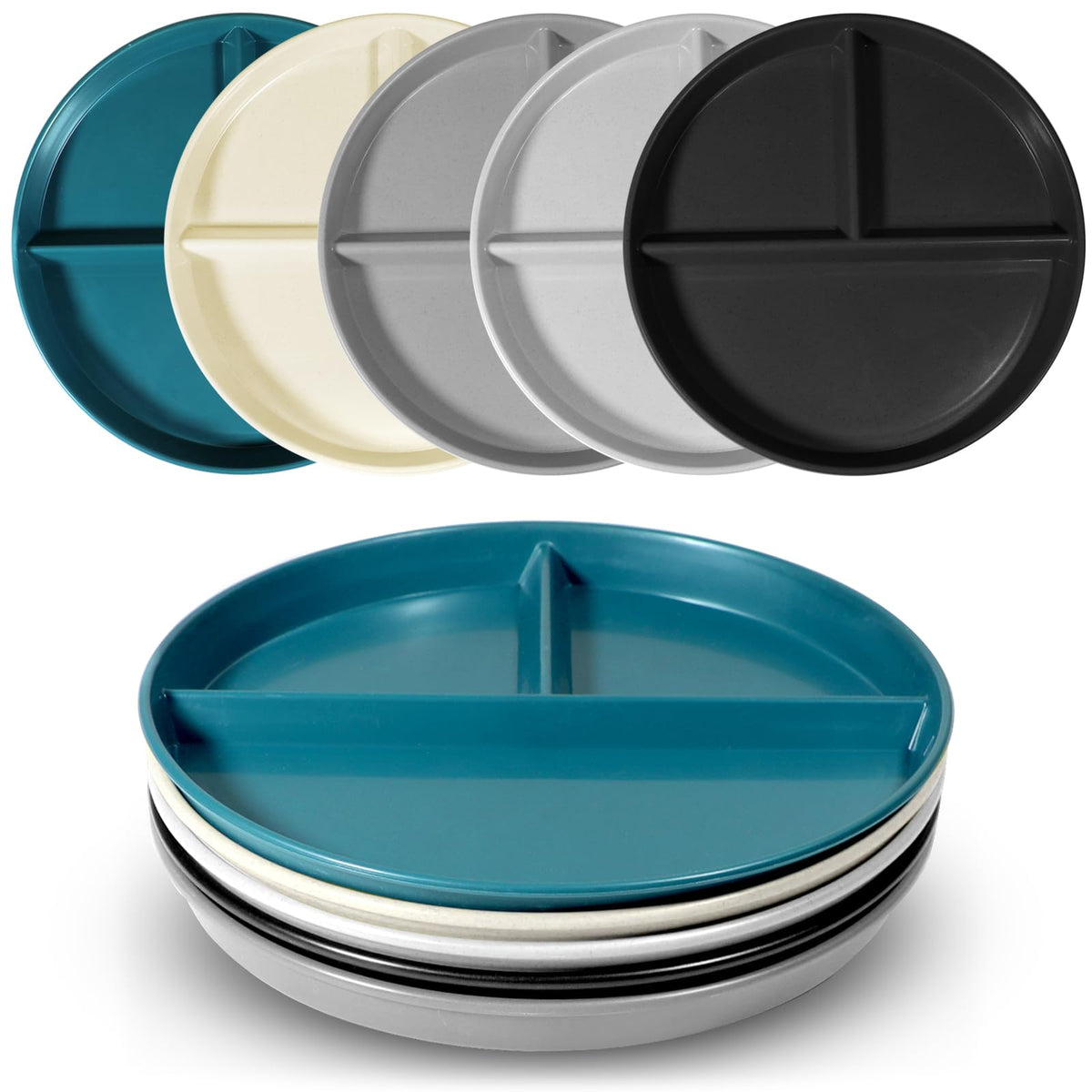 Waygymbbd Portion Control Plate For Weight Loss 9 Inch 5Pcs, Round Divided Plates For Adults, 3 Compartment Plates Is Very Thick