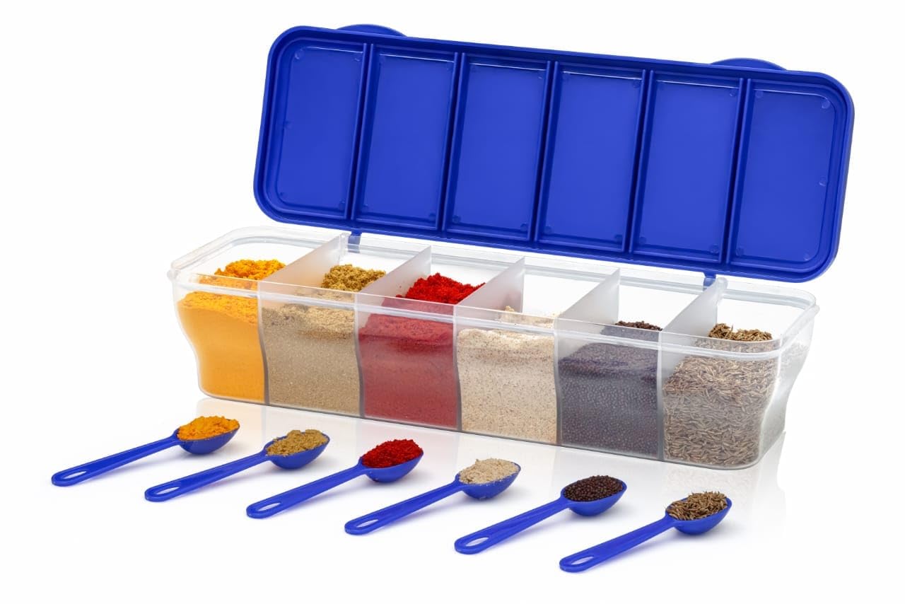 6 Compartment Masala Organizer with Measuring Spoons | Transparent Plastic Spice Storage Box with Lid | Kitchen Countertop Spice