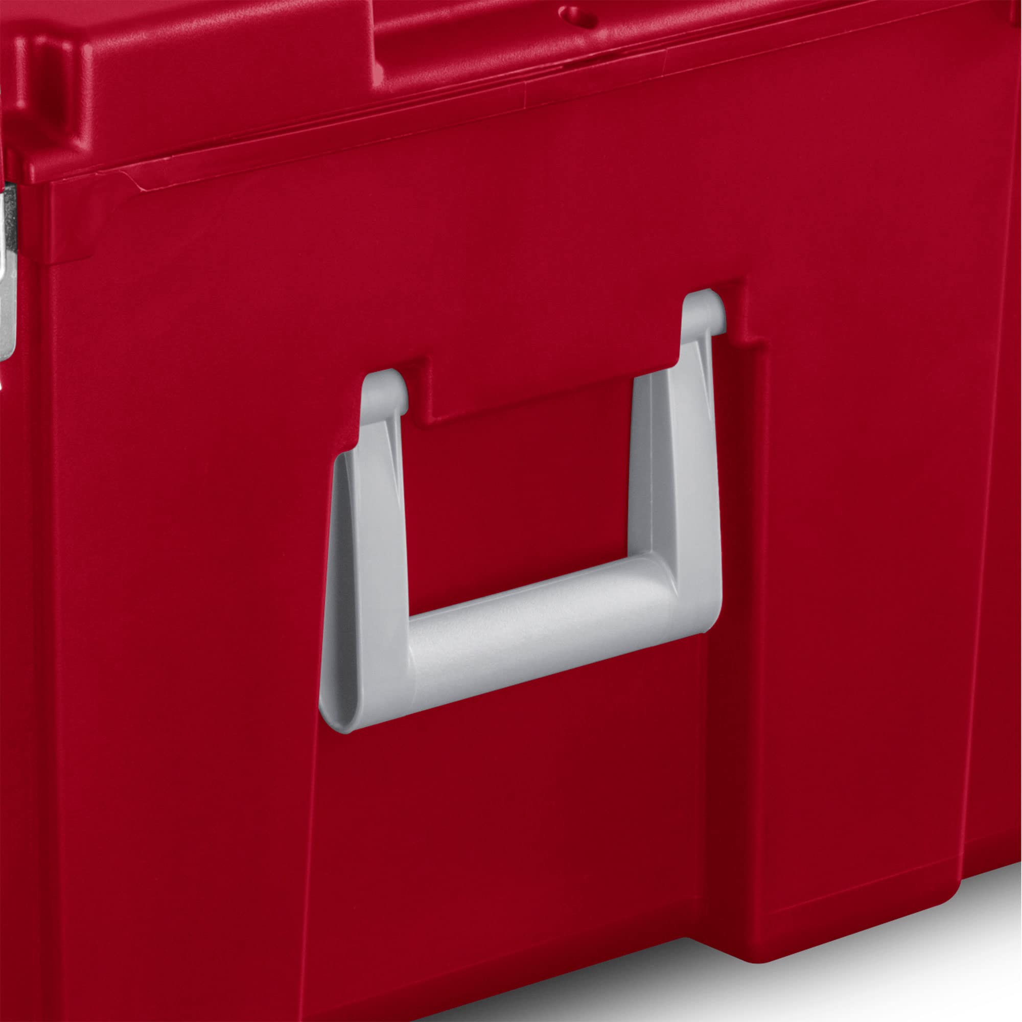 Sterilite 23 Gallon Lockable Storage Tote Footlocker Toolbox Container Box With Wheels, Handles, Metal Hinges, And Latches, Infr