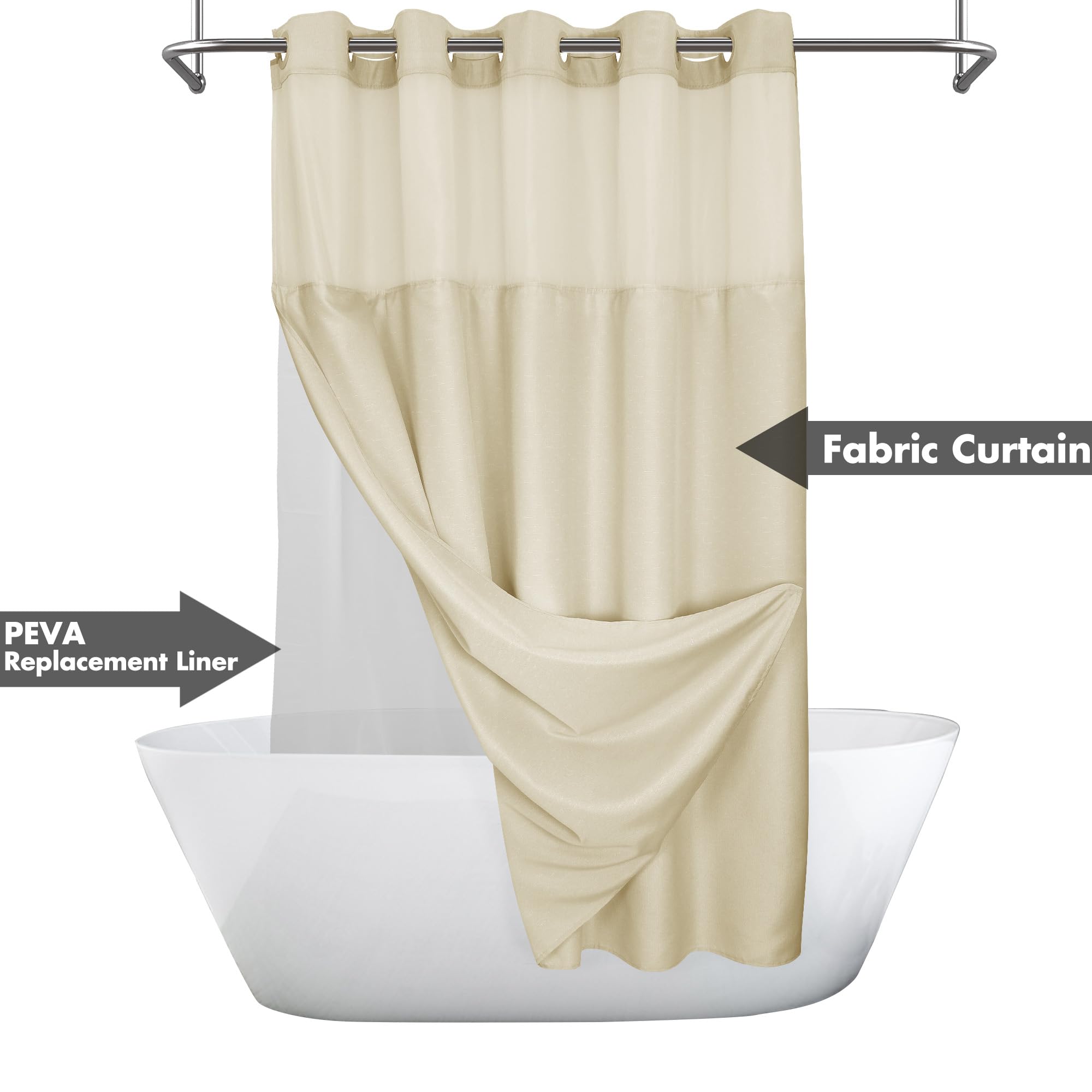 No Hook Slub Textured Shower Curtain with Snap-in PEVA Liner Set - 71'' x 74''(72'')  Hotel Style Beige Shower Curtain with See Through Top Window  Machine Washable & Water Repellent  Linen  71x74