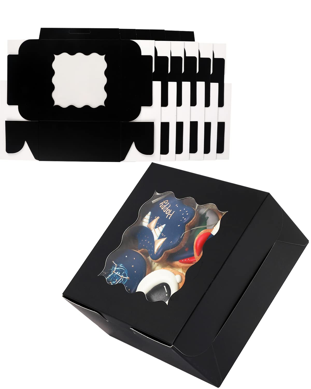 Qiqee Black Cookie Boxes With Window 100Packs 6X6X3 Black Bakery Box Pastry Box For Wedding Favor Birthday & Party