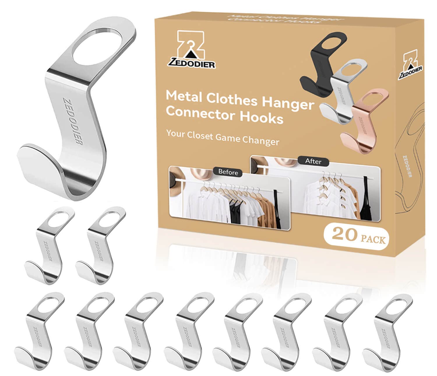 Zedodier Metal Clothes Hanger Connector Hooks, 20 Pack Super Sturdy Hanger Extender Hooks, Efficient Closet Space Saver, Easy To