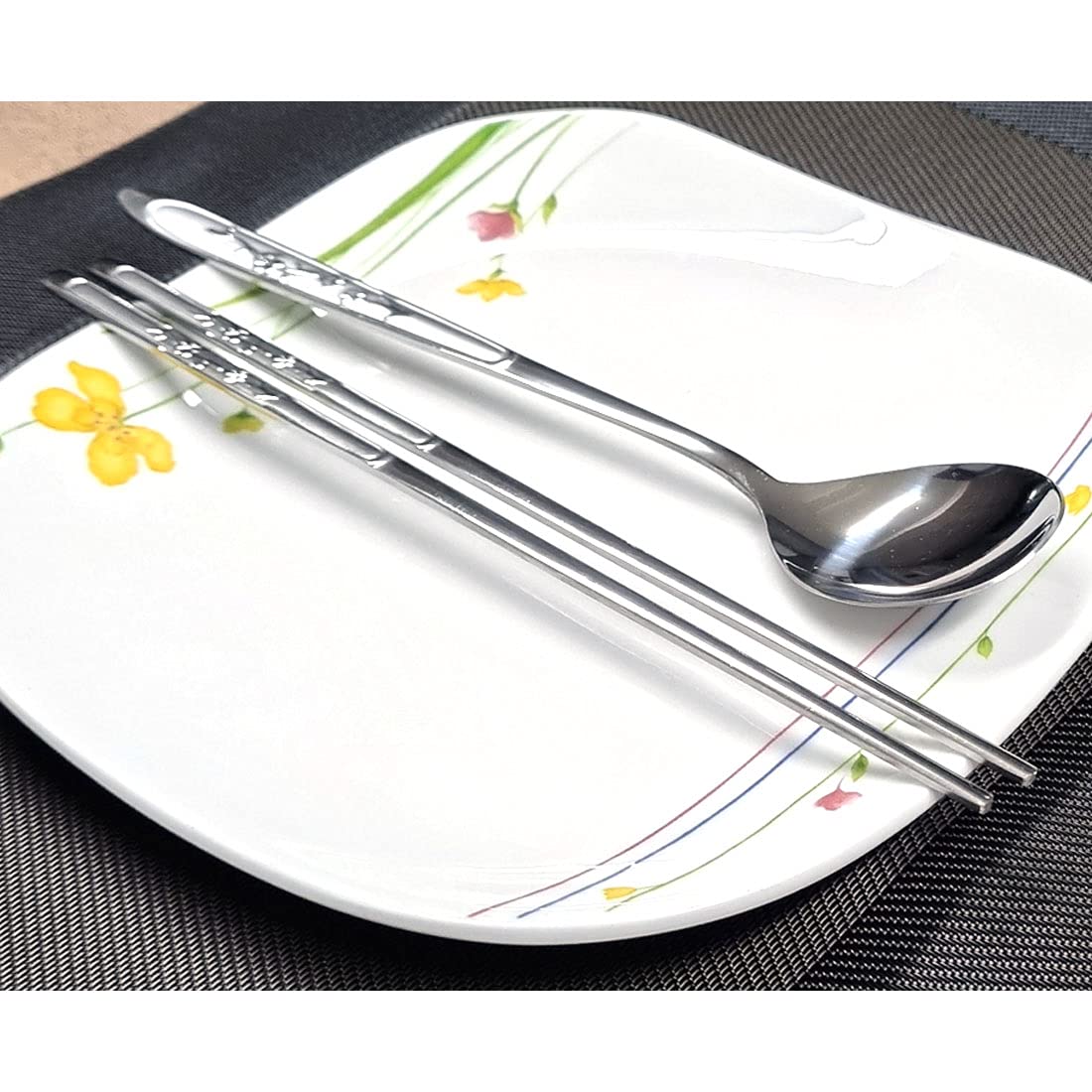 GARASANI Korean Traditional Cutlery Stainless Steel Spoons and Chopsticks Set (Silver Plum blossom)