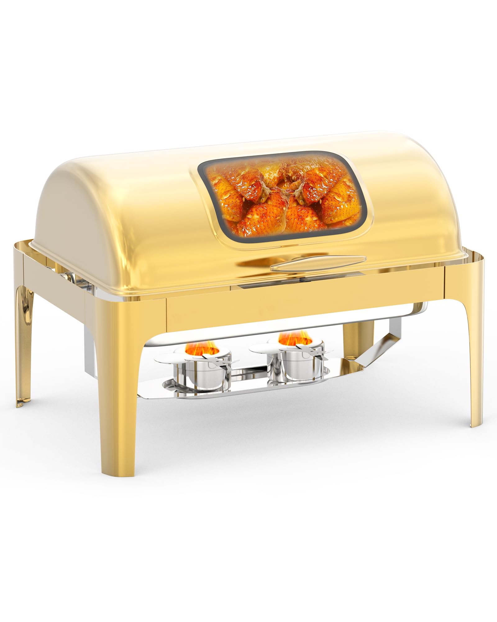 GarveeHome Roll Top Chafing Dish for Buffet, 9QT Retangle Stainless Steel Food Warmer Server with Visible Lid Water Pan Stand Fu