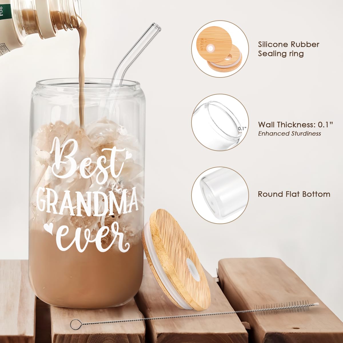 Grandma 16 Oz Can Glass Tumbler with Bamboo Lid and Straw - Iced Coffee Cups for Women, Aesthetic Glass Cup Gift for Grandmother