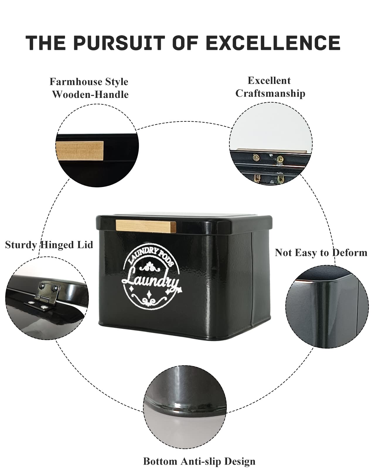 Laundry Pods Container With Hinged Lid. Modern Laundry Room Organization And Storage. Farmhouse Metal Laundry Pods Holder For La