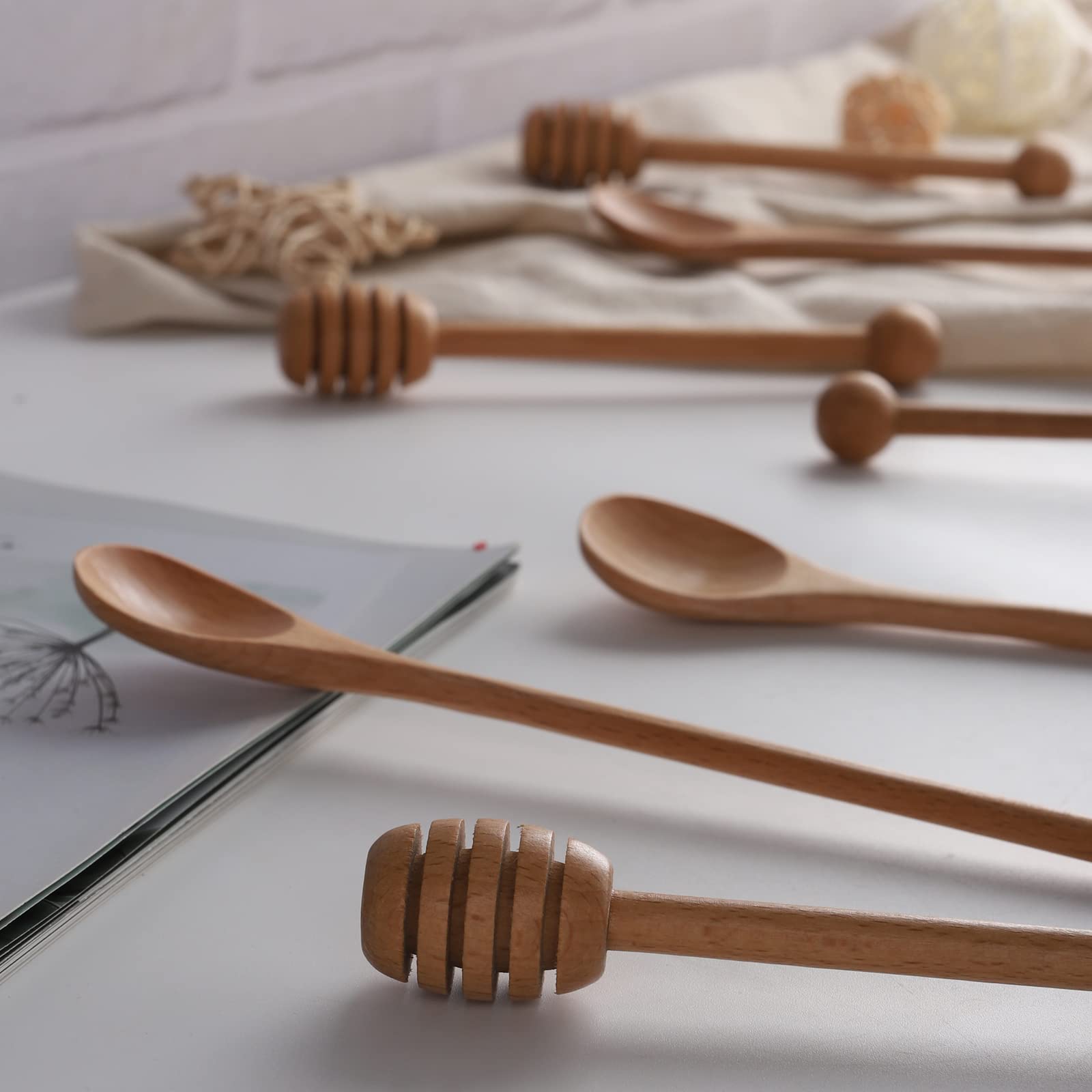 4 Pcs 6 Inch Honey Dipper Sticks And 4 Pcs 7.87 Inch Coffee Stirring Spoons, Beech Wooden Honey Spoon Stirrer For Honey Jar Disp