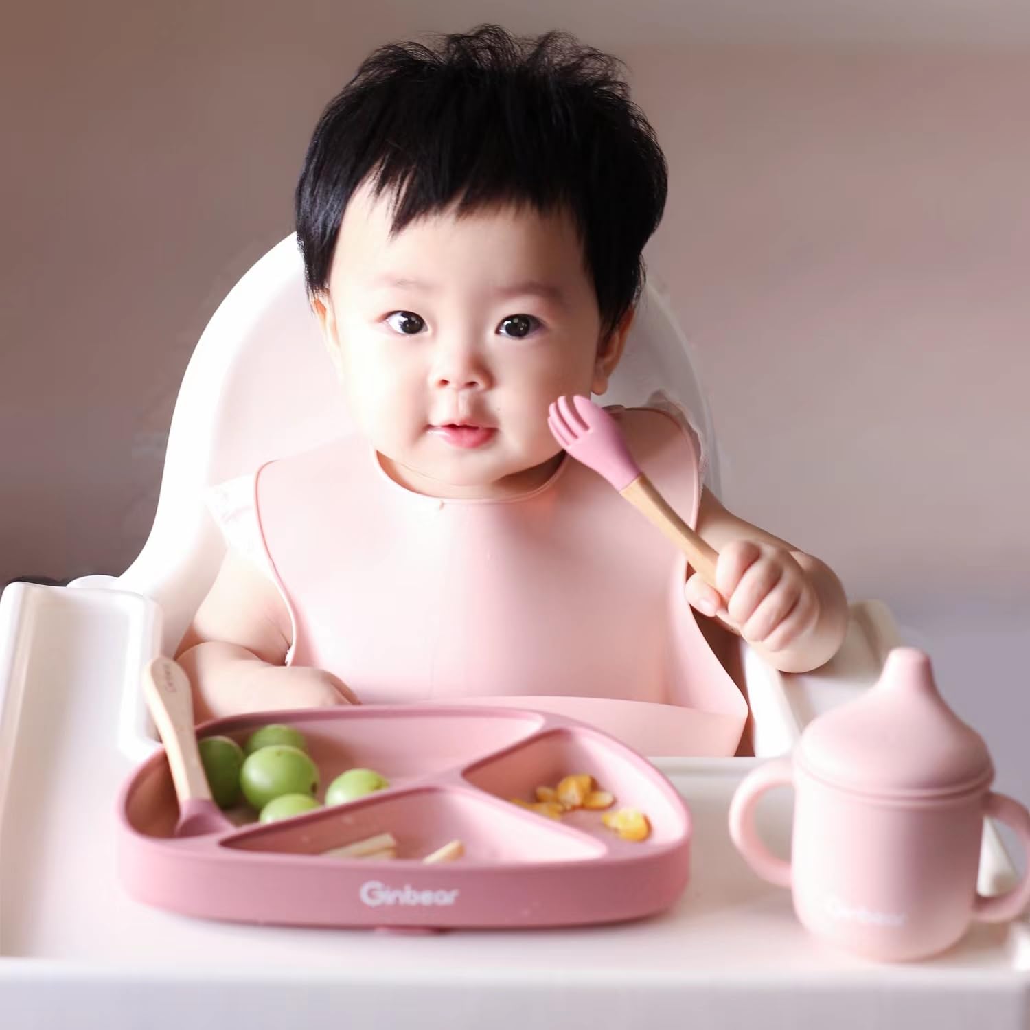 ginbear Silicone Baby Spoon and Fork Self-feeding, Baby Flatware Sets for Boy, Toddler Feeding Utensils for child 6 Months+ (gra