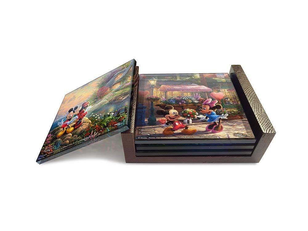 Disney Mickey And Minnie Mouse Glass Coaster - Sweetheart Collection - Thomas Kinkade - Comes With Stylish Modern Wooden Holder