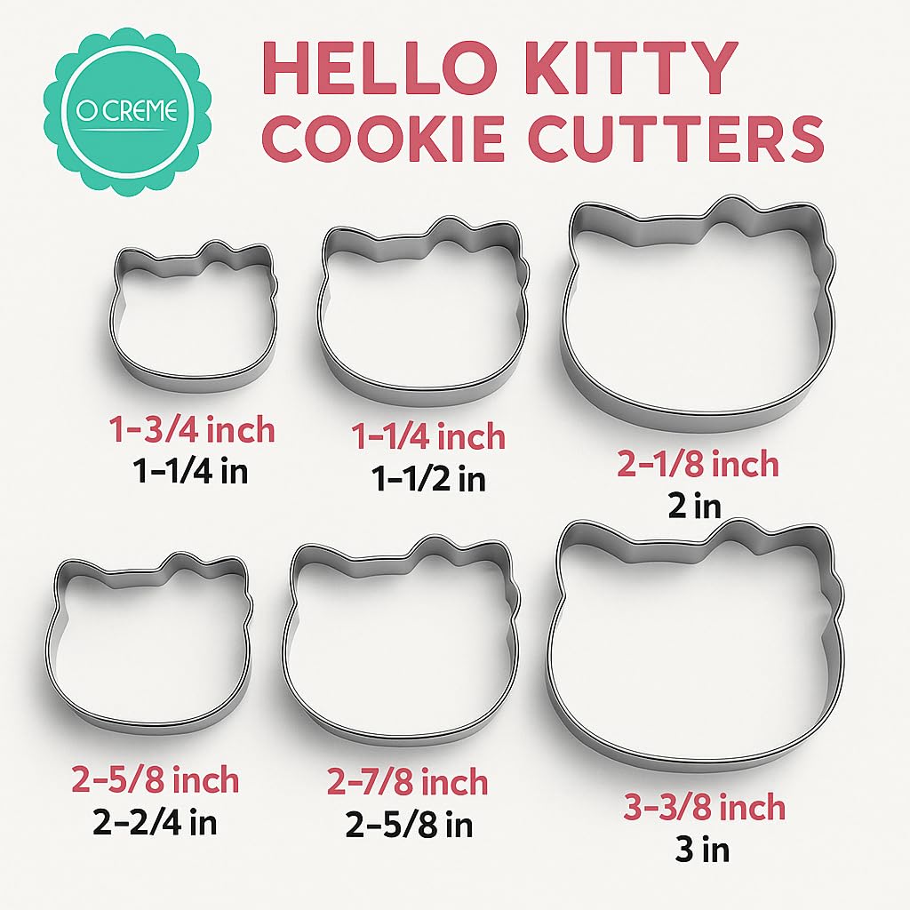 O'Creme Stainless Steel Hello Kitty Cookie Cutters 1-3/8 Inch, 1-3/4 Inch, 2-1/8 Inch, 2-5/8 Inch, 2-7/8 Inch And 3-3/8 Inch