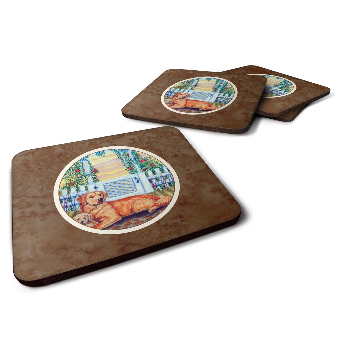 Carolines Treasures Golden Retriever And Puppy At The Fence Foam Coasters (Set of 4), 3.5, Multicolor