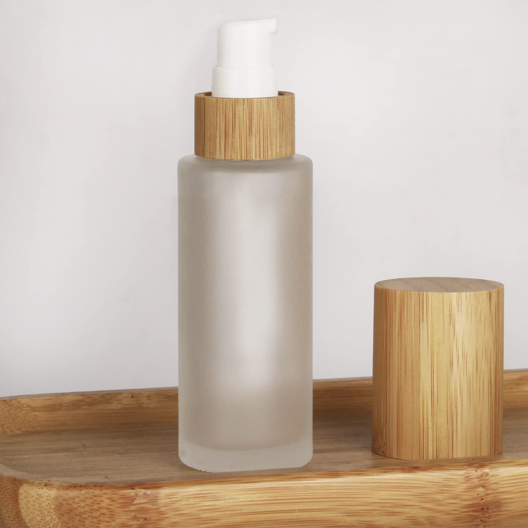 Cosidea 6 Pcs Empty 2Oz / 60Ml Bamboo Lids Frosted Glass Bottle With Lotion Pump Dispenser, Refillable Emulsion Cosmetic Cream B