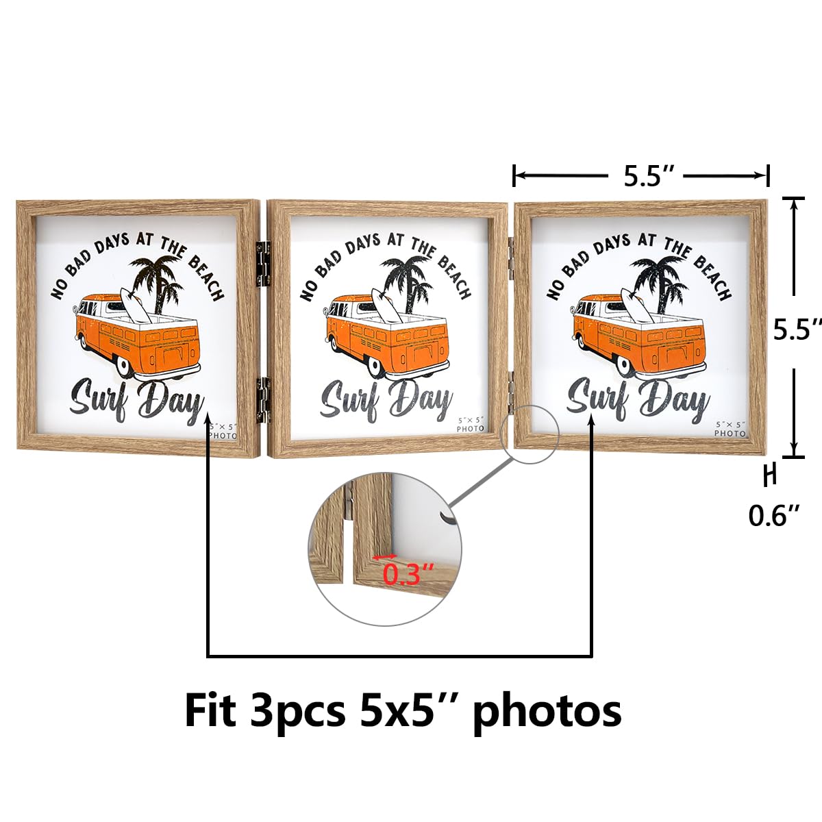3 Picture Frame 5x5 Triple Hinged MDF Wood Grain with Glass Front Three Opening Photo Frame Stand Vertical on Tabletop