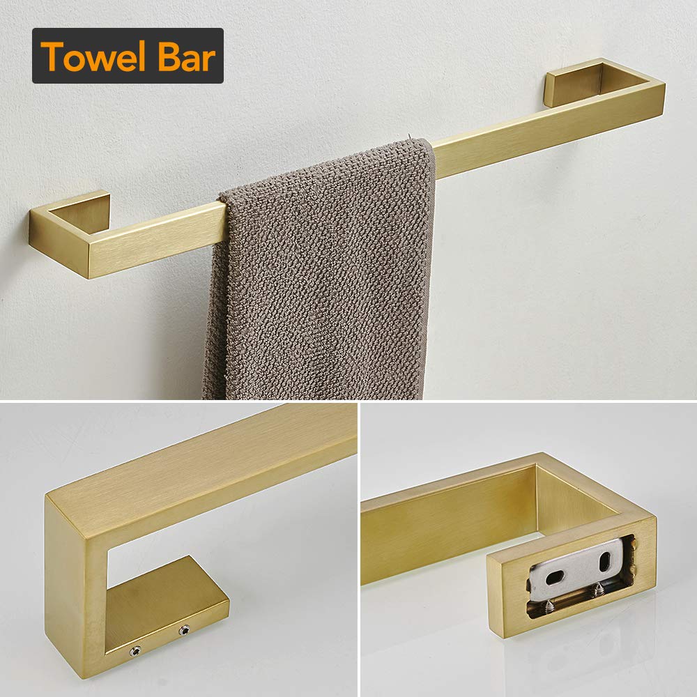 BESy 4 Piece Bathroom Accessories Set (Towel Bar  Hand Towel Holder Towel Ring  Toilet Paper Holder  Double Towel Hook)  Wall Mounted Bath Hardware Accessory Fixtures Set  Stainless Steel/Brushed Gold