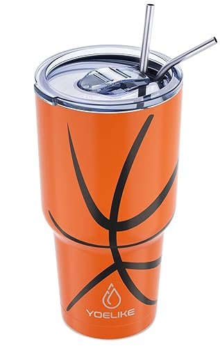 Yoelike Basketball Tumbler 30 Oz Stainless Steel Double Wall Vacuum Insulated Cup With Straws, Splash Proof Lids, Straw Clean Br