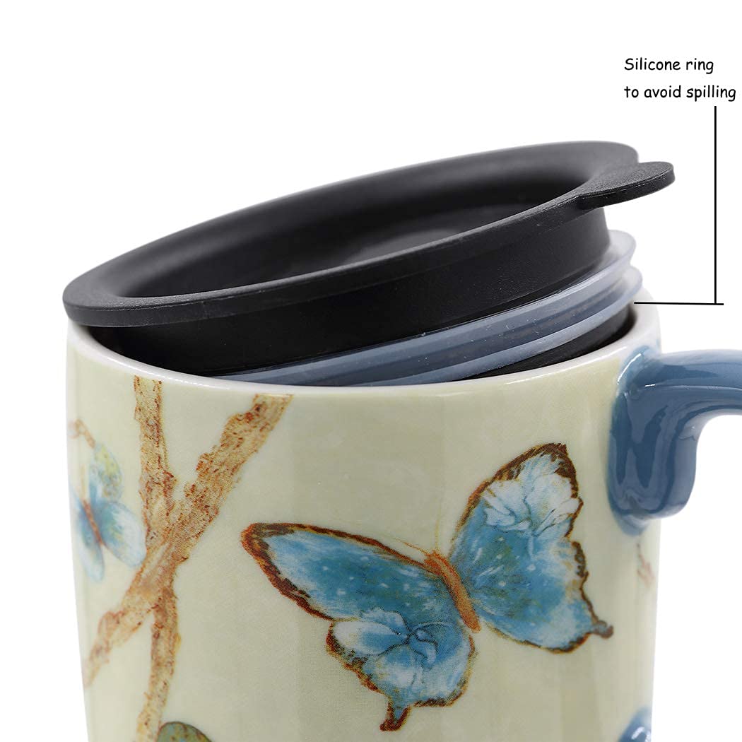 Topadorn Coffee Ceramic Mug Porcelain Latte Tea Cup With Lid 17Oz.,Blue