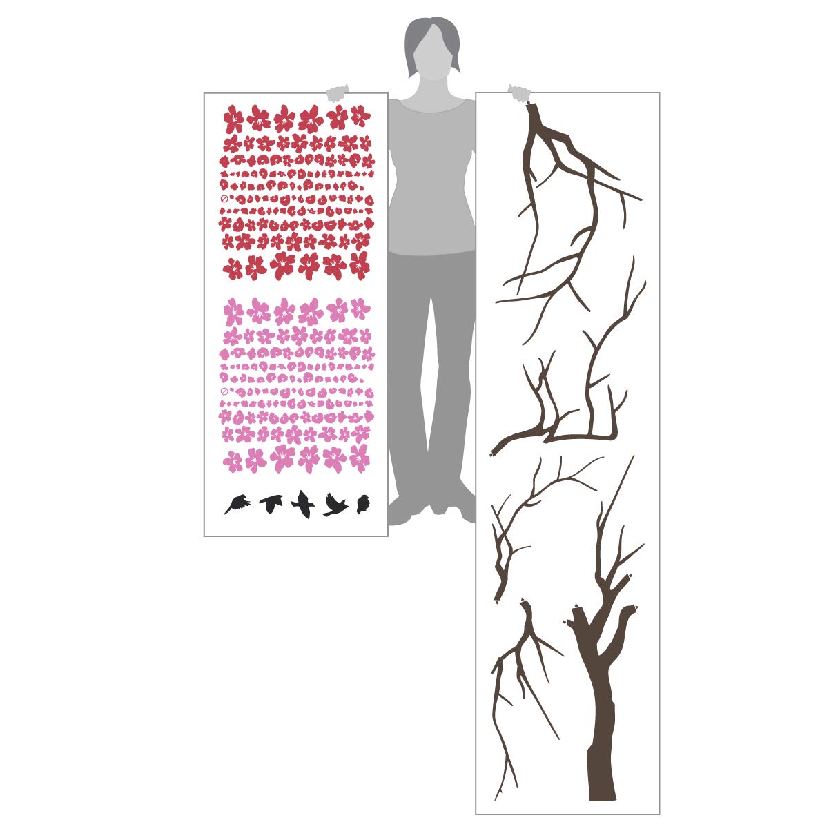 Japanese Cherry Blossom Tree And Birds Wall Decal Sticker For Flower Baby Nursery Room Decor Art (Red & Pink, 60X90 Inches)