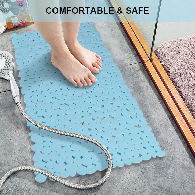 Songziming Bathtub Mat Non Slip Pebble Bath Shower Mat With Drain Holes, Suction Cups Mat For Tub 16'' W X 35'' L, Blue