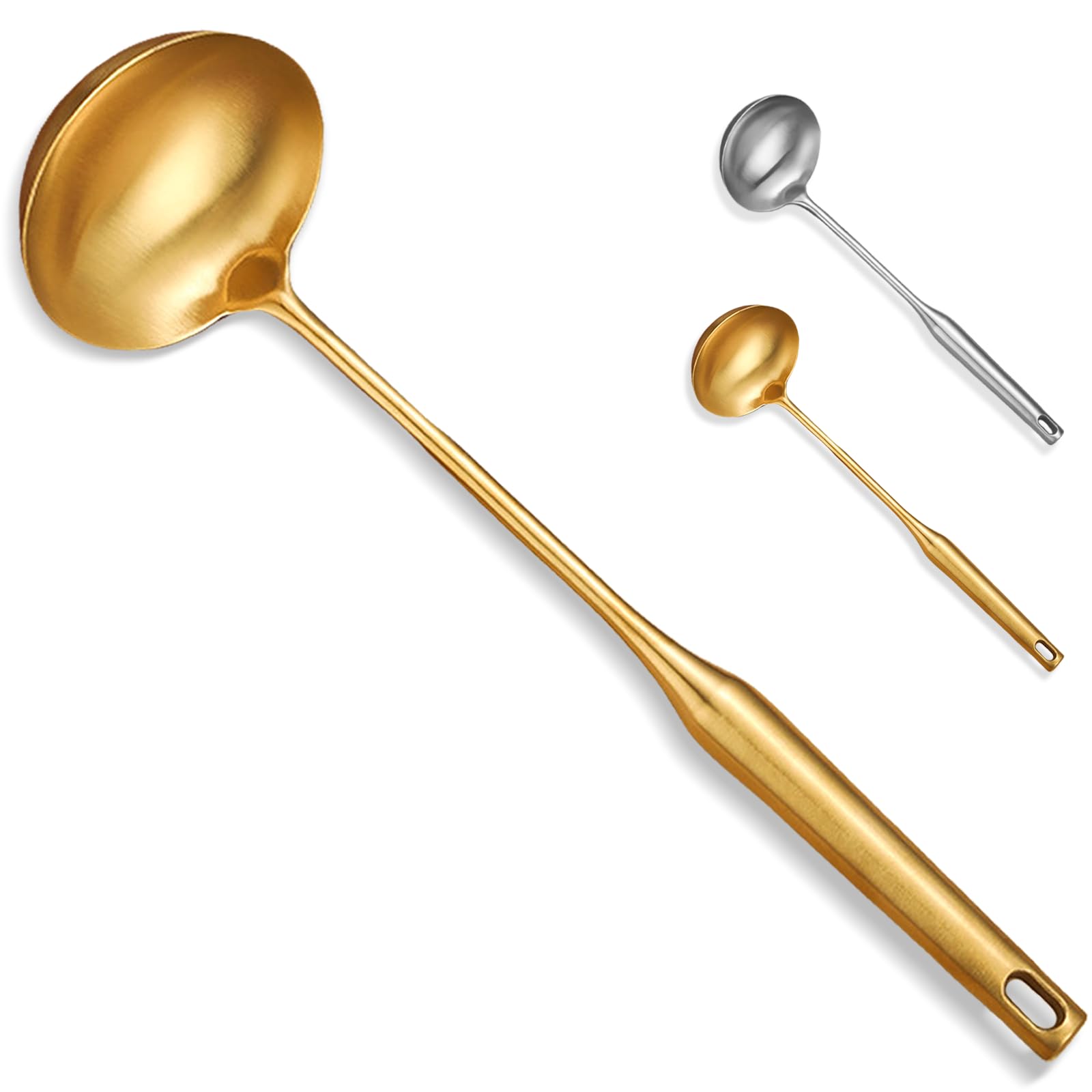 Bigwinyep Stainless Steel Soup Ladle, 14 Inch Large Serving Ladle, Gold