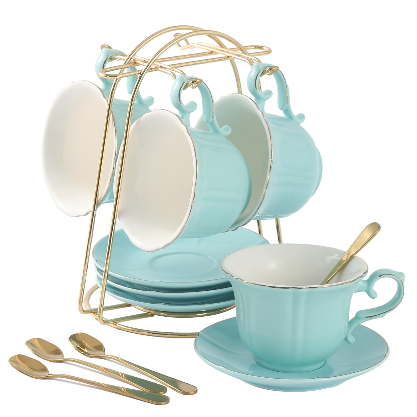 Dujust Tea Cups And Saucers Set Of 4 (8 Oz), Nile Blue Tea Cup Set With Golden Trim, Petal Edge Coffee Cups With Metal Stand, Si