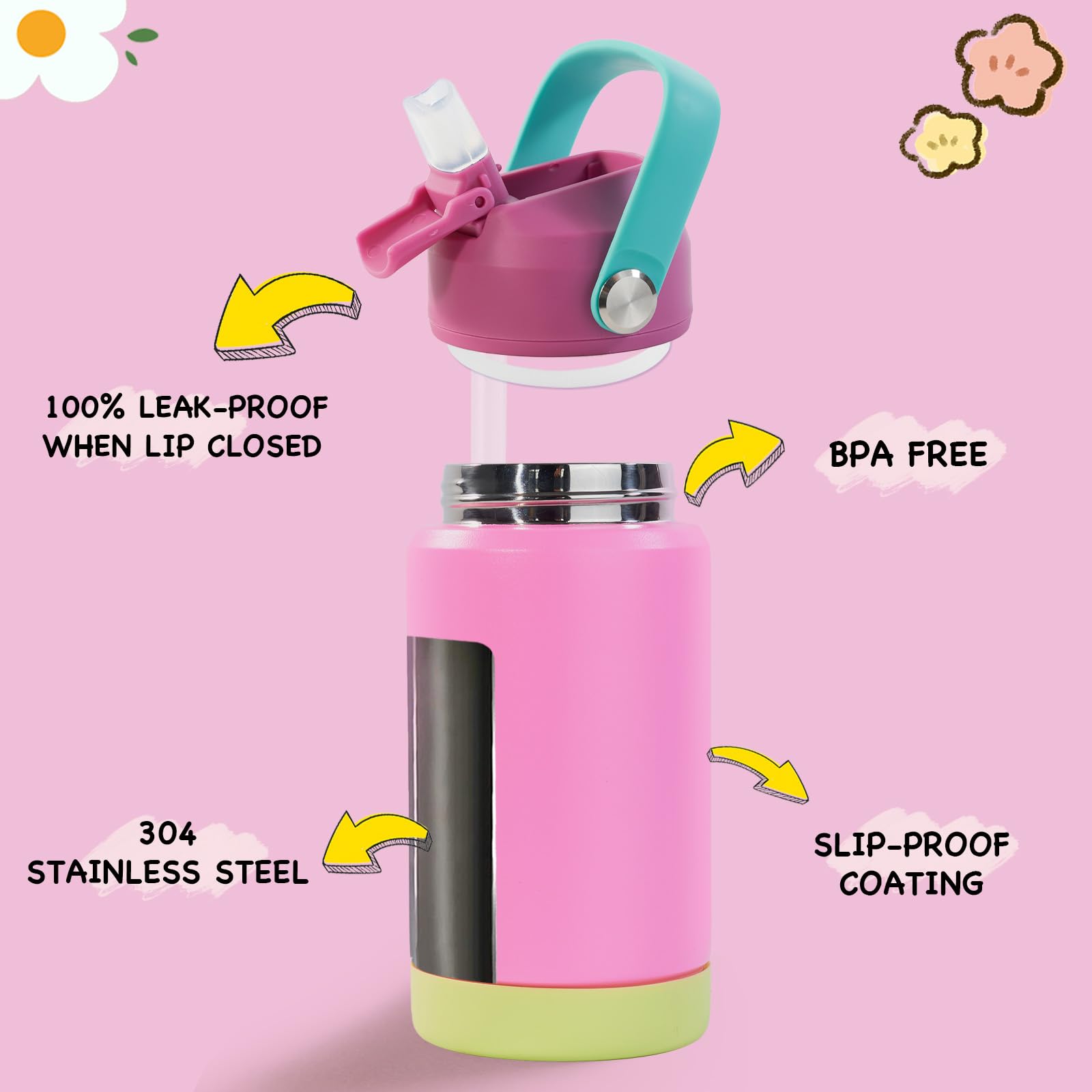 Kerilyn 12oz Kids Water Bottle, Stainless Steel Insulated Water Bottle for Kids, Toddler Cup with Straws Leak-Proof, Kids Water