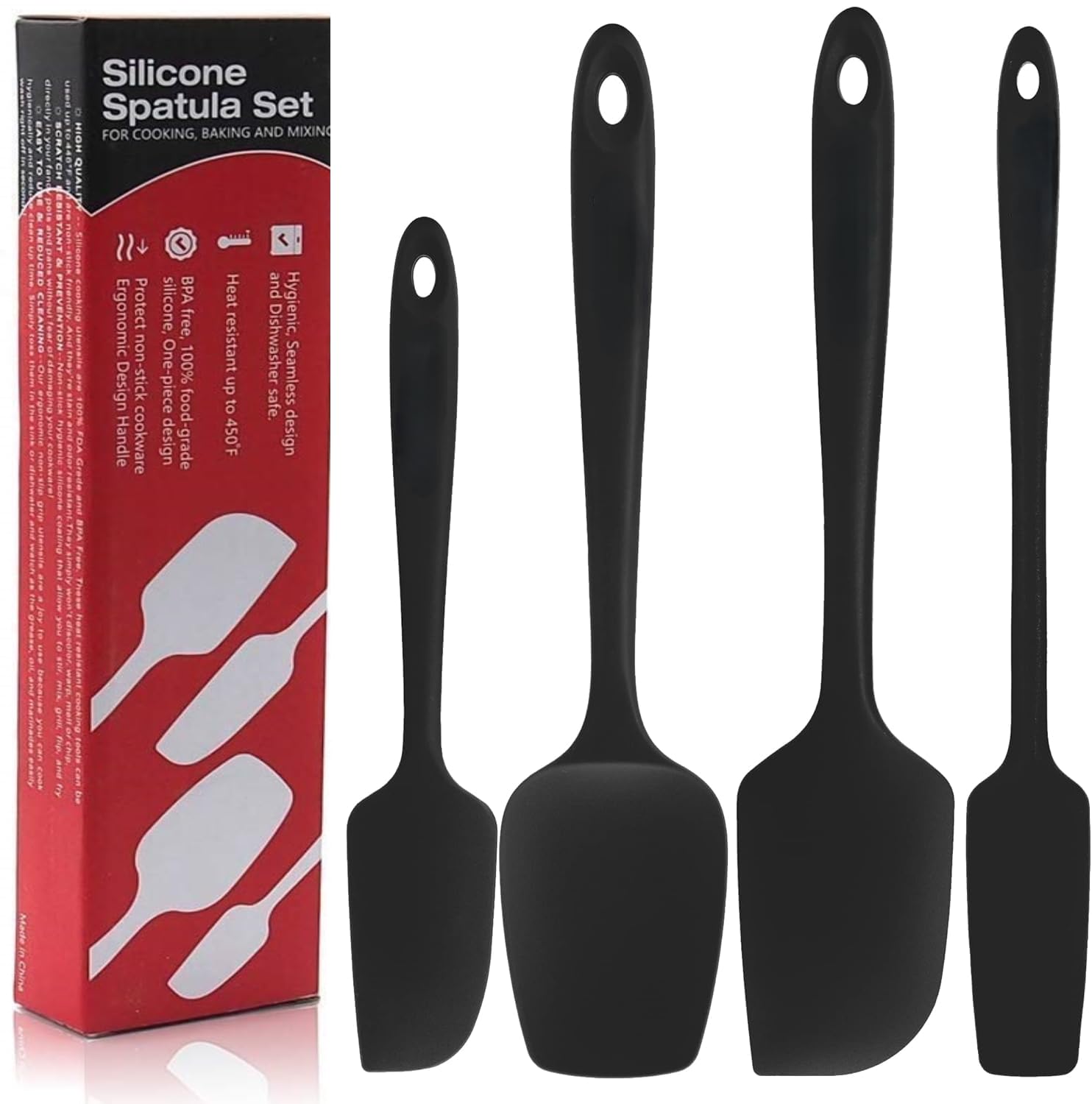 Baskety Silicone Spatula Set Heat Resistant, 4Pcs NonStick Spatulas For Cooking, Baking & Mixing Kitchen Utensils Seamless Stro