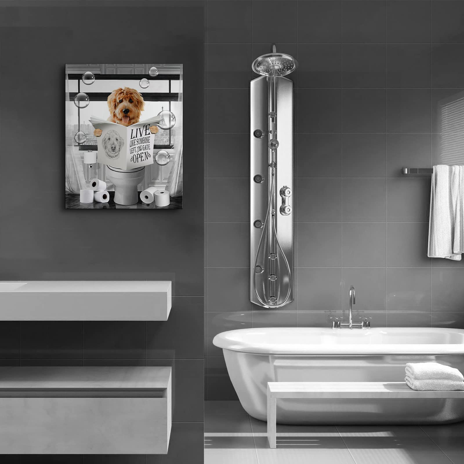 Funny Dog Sitting In Toilet Bathroom Decor Wall Art Black And White Dog Pictures Farmhouse Bathroom Animals Painting For Toilet