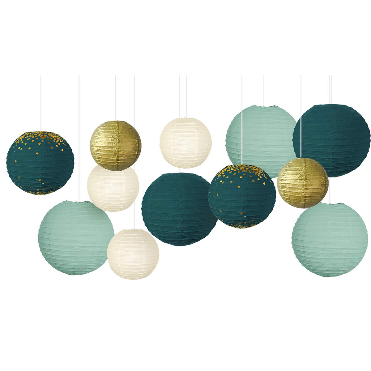 Nicrolandee Wedding Party Decorations - 12Pcs Green Gold Hanging Paper Lanterns For Rustic Style Spring Decor Bridal Shower Baby