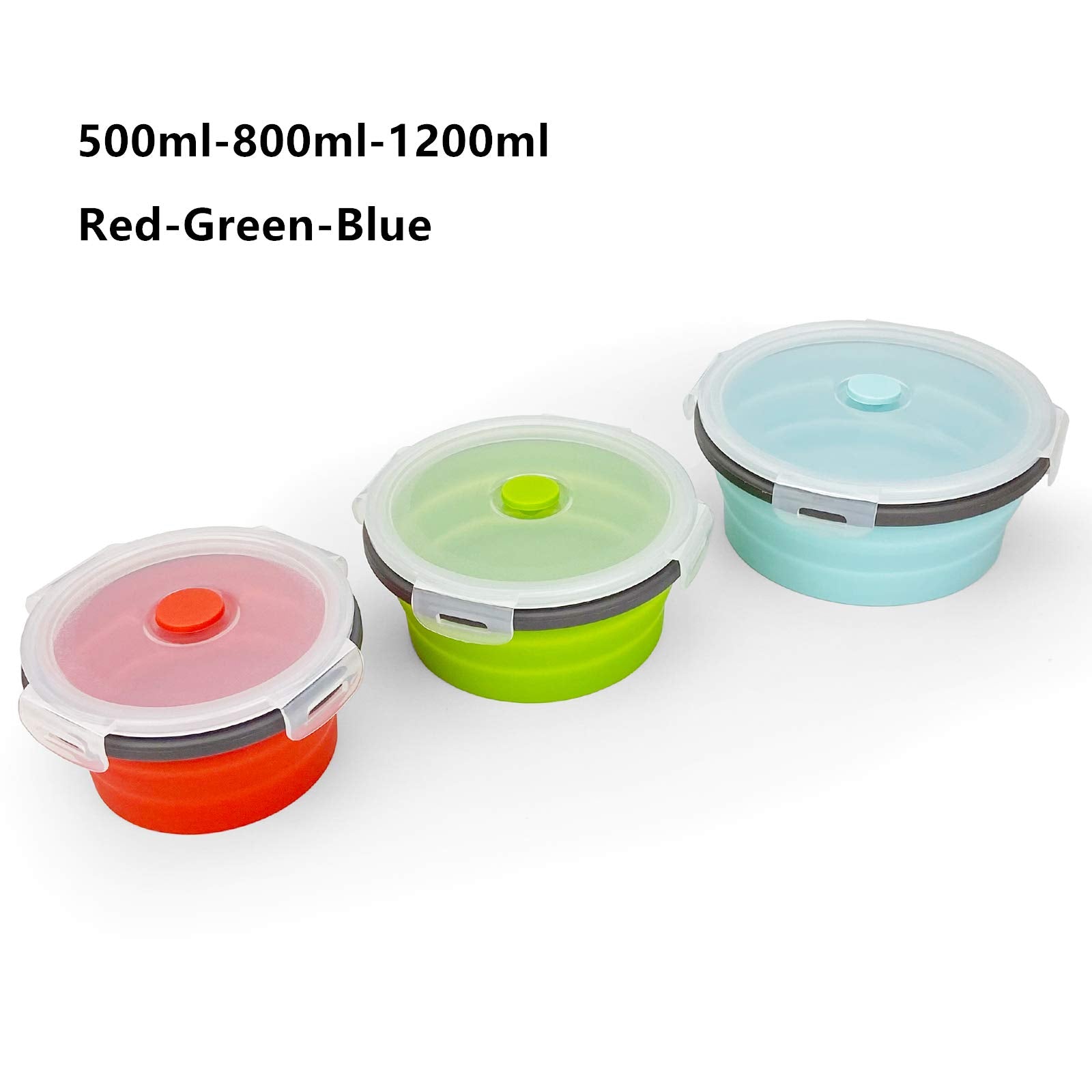 Cartints Round Collapsible Bowls With Lids, Reusable Silicone Food Storage Containers, 3Pack 500-800-1200Ml, Stackable Space Sav