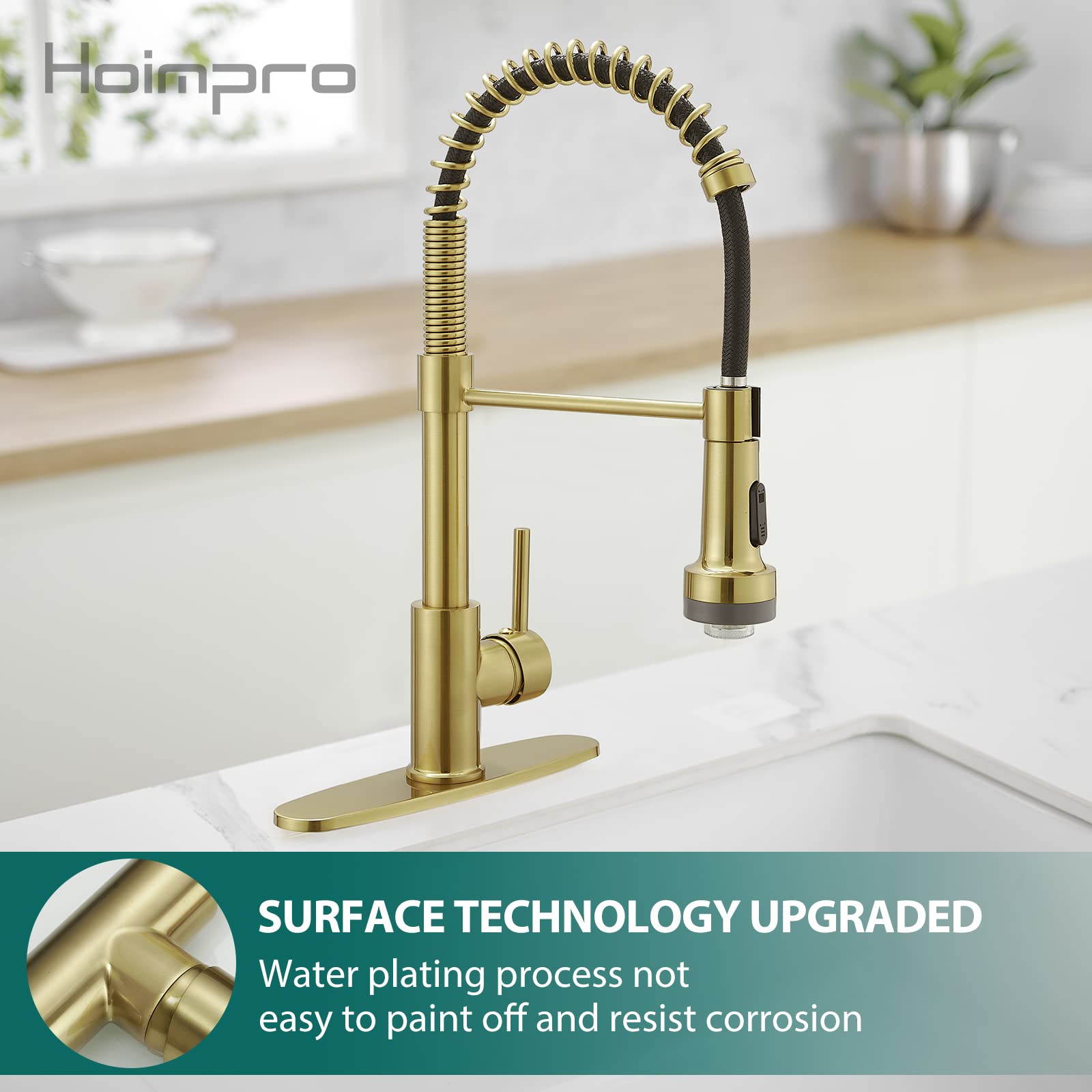 Hoimpro Led Gold Spring Kitchen Faucet With Pull Down Sprayer, Rv Kitchen Sink Faucet With Pull Out Sprayer,2 Function Single Ha