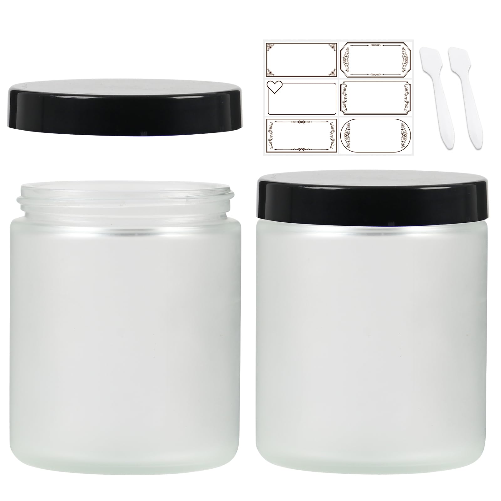 8 Oz Frosted Round Glass Jars, Pack Of 2 With Black Lids, Cosmetics Containers For Face Cream Lotion, Powder, Candle, Spice, Bod